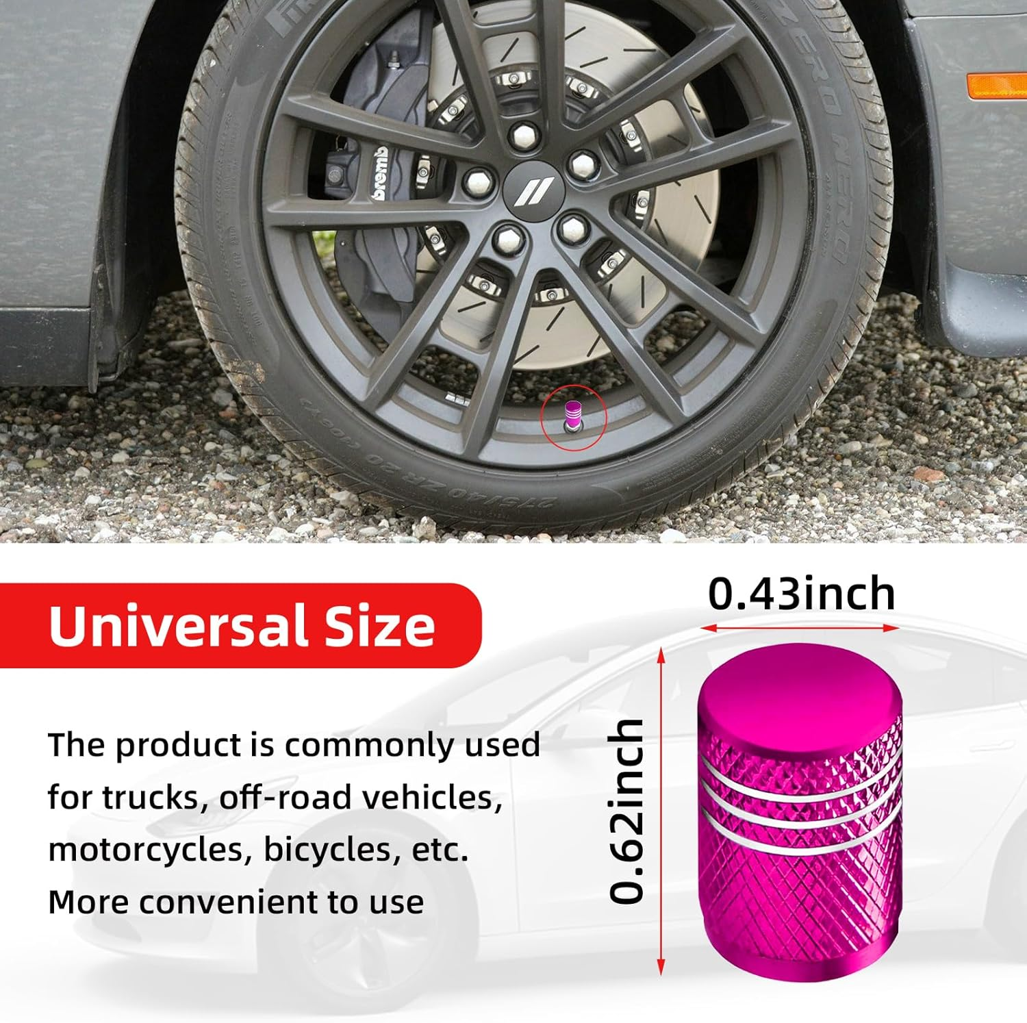 Ziciner 8 PCS Tire Valve Stem Cap Cover, Dustproof Valve Cover with Rubber Ring, Corrosion Resistant Leak-Proof Aluminum Alloy Wheel Valve Covers for Car, Truck, Motorcycle, Bike (Pure Color Pink)