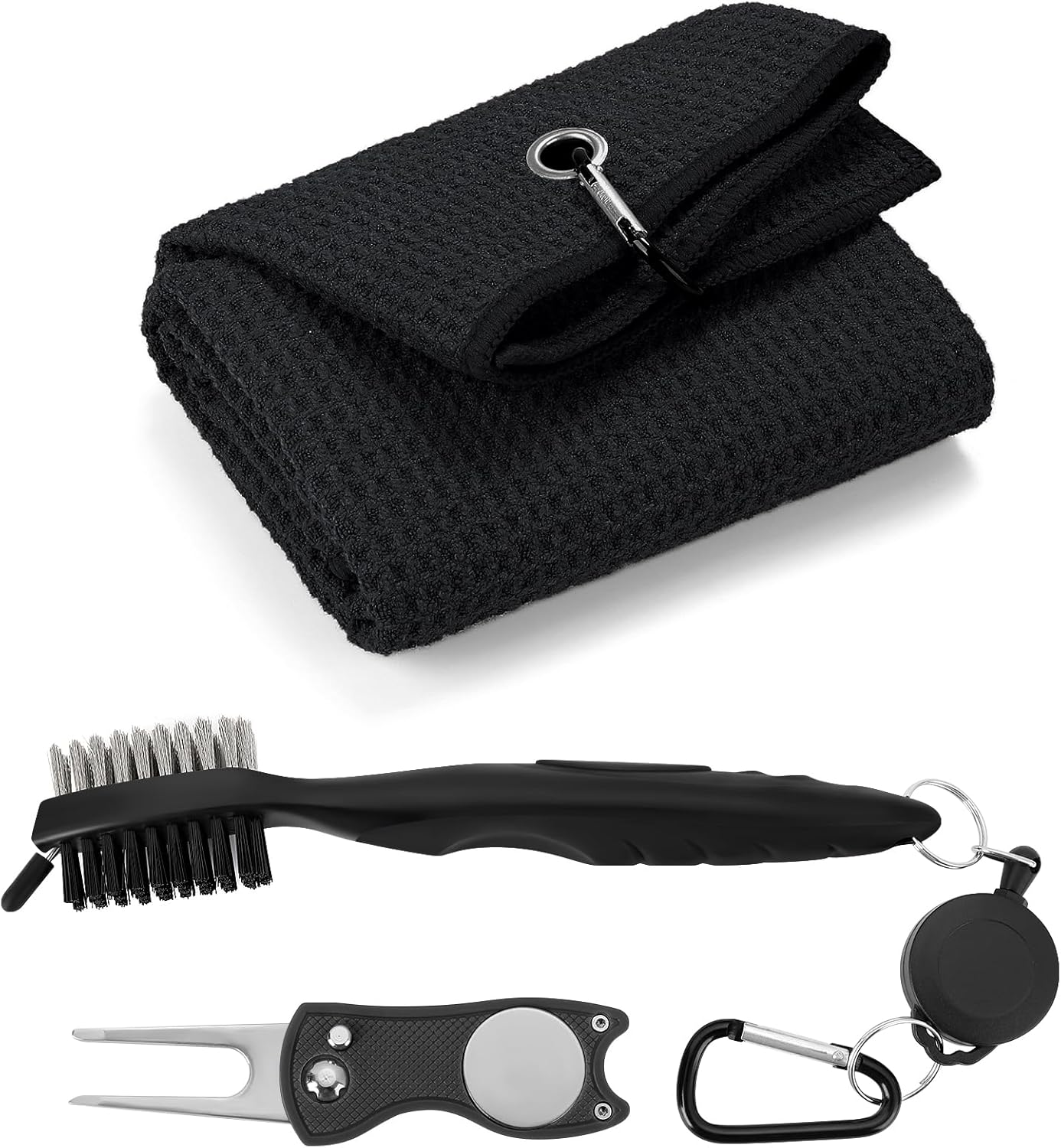 3 in 1 Golf Cleaning Kit, Microfiber Golf Towel with Carabiner, Club Club Brush, Golf Divot Repair Tool with Ball Marker, Ideal Golf Accessories