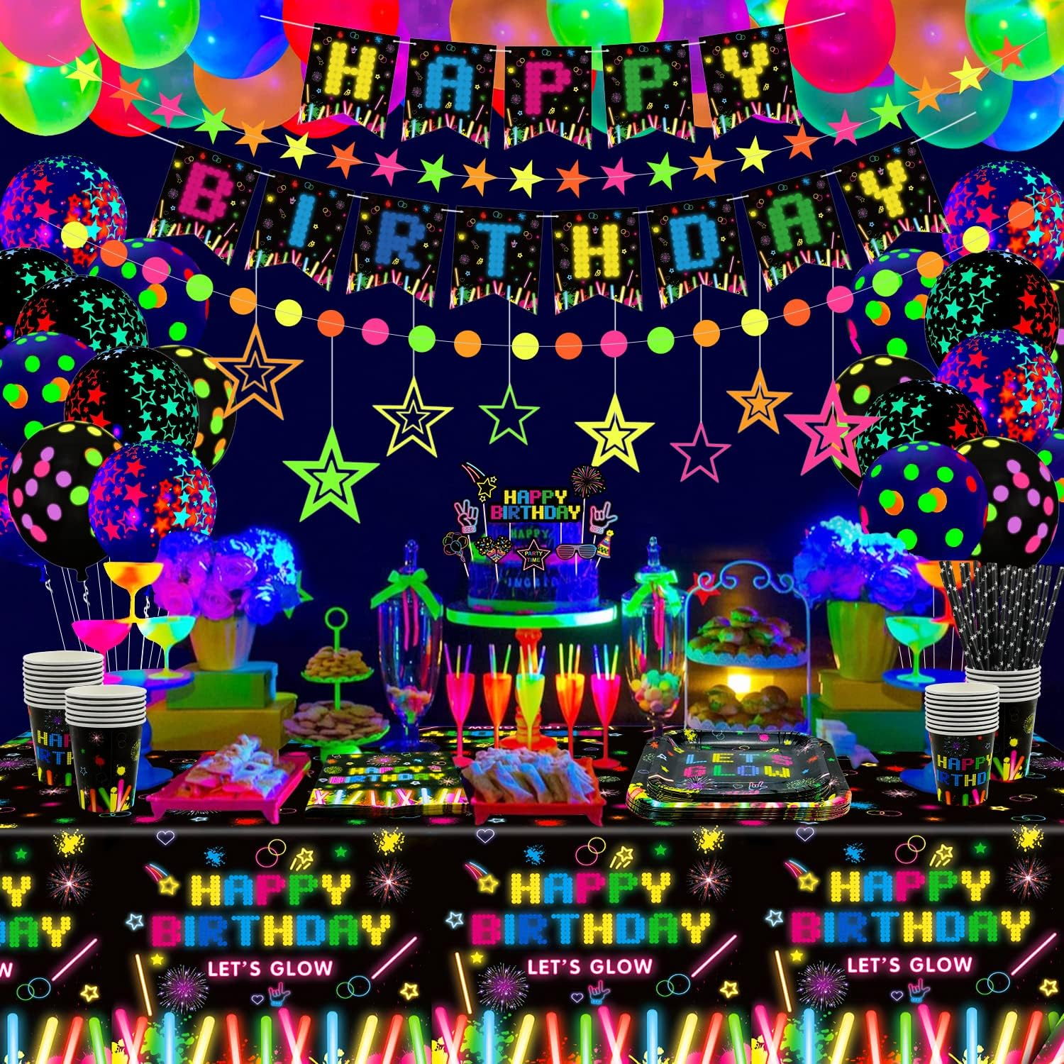 224 PCS Glow Neon Party Supplies Neon Glow Tableware Set Neon Balloon Glow in the Dark Birthday Banner Hanging Swirl Cake Toppers for Blacklight Party Decoration Serves 20 (Glow Set A) image number 2