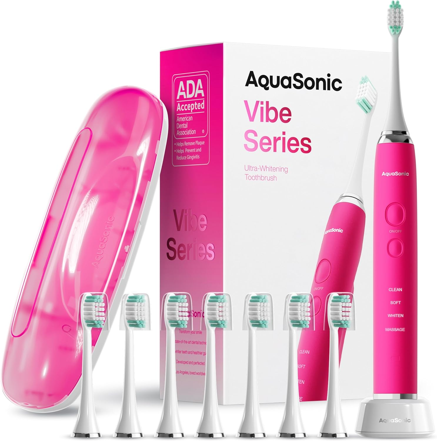 Aquasonic Vibe Series Ultra-Whitening Toothbrush &ndash; ADA Accepted Power Toothbrush - 8 Brush Heads & Travel Case &ndash; 40,000 VPM Motor & Wireless Charging - 4 Modes W Smart Timer &ndash; Mint Green Metallic