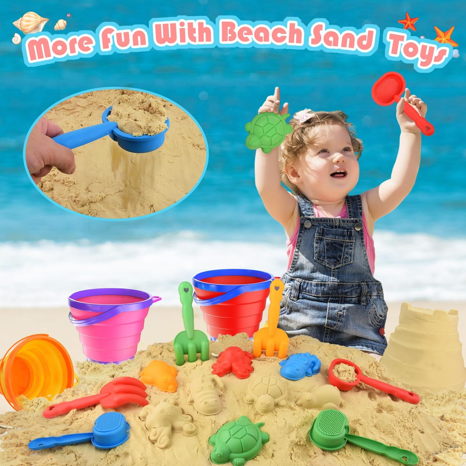 Sand Beach Toys for Kids, 3PCS Collapsible Sand Bucket, Shovel Set, Animal Molds with Big Mesh Bag, Travel Toys Fortoddlers Boys Girls Outdoor Beach Play Camping Bath Pool Water Play-14Pcs image number 6