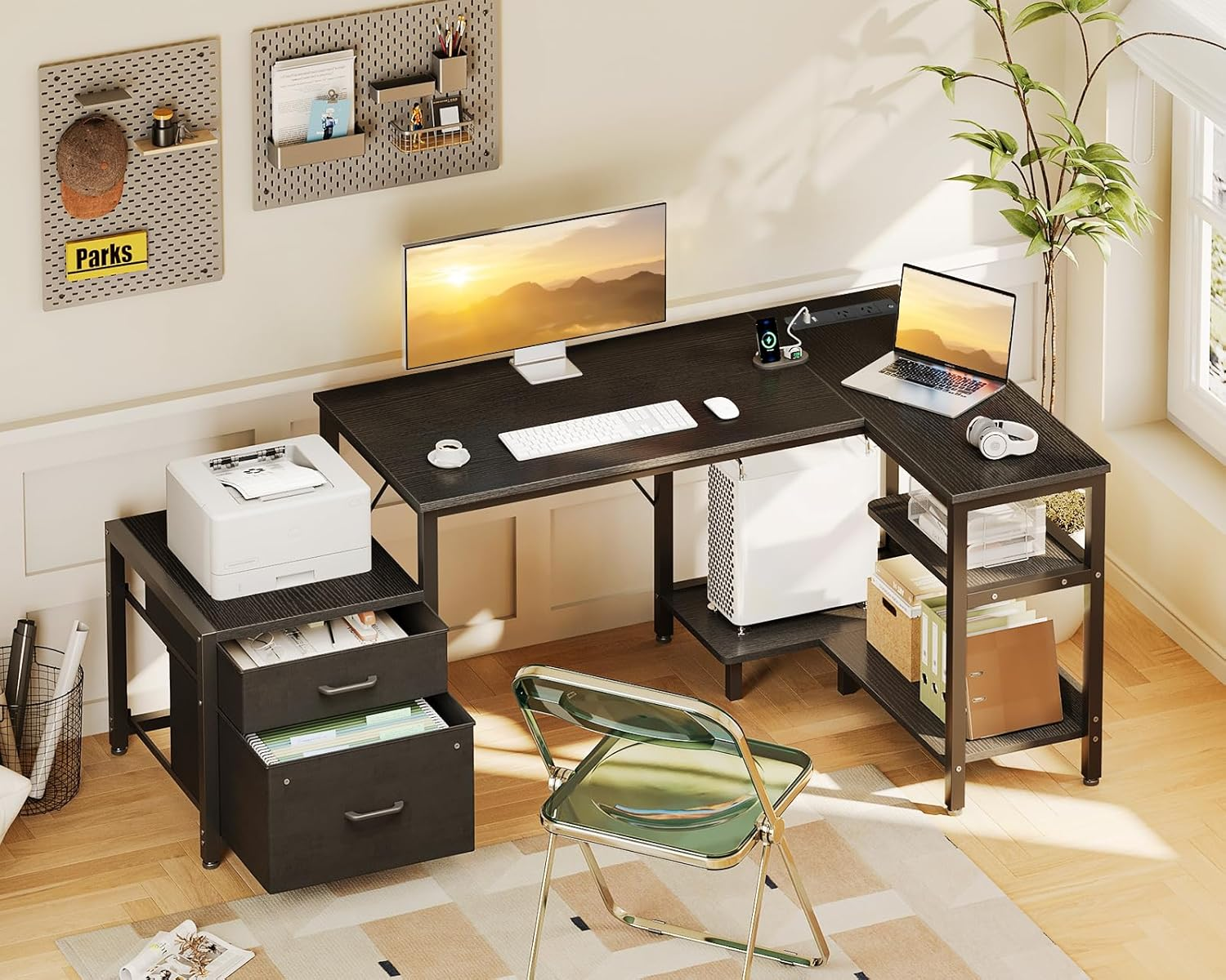 ODK 55Inch L Shaped Computer Desk with Power Outlet & Large File Drawer, Home Office Desk with Reversible Storage Shelves,Corner Desk for Home Office Bedroom Study Work,140 * 80 * 75.7Cm, Black image number 2