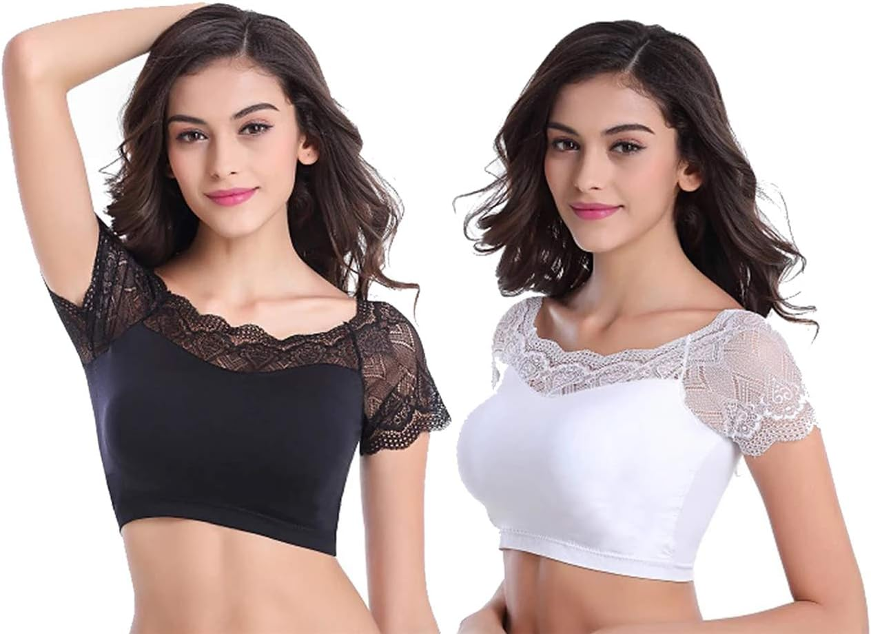 Fyluoke Lace Sports Bra Stretch Silk Yoga Tank Crop Tops for Women No Rims 2 Pack