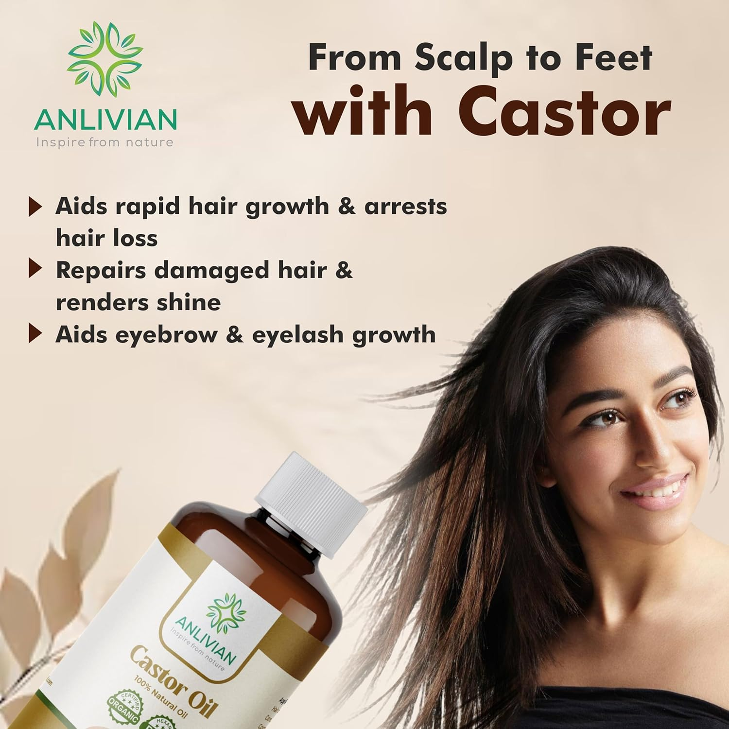Organic Castor Oil 500Ml (AMBER GLASS BOTTLE) by Anlivian, Pure Natural & Cold Press, Unrefined, Moisturizer Oil, for Hair Growth, Eyebrows, Eyelashes, Skin,Nails image number 1