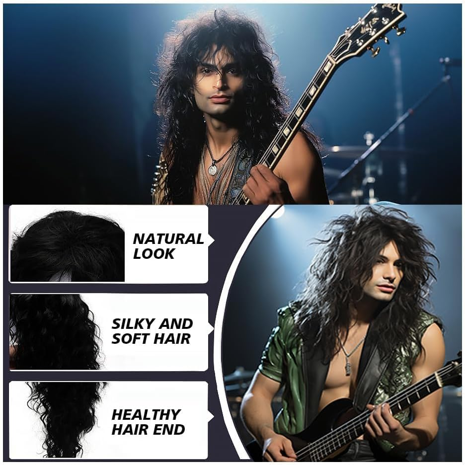 70S 80S Rocker Metal Mullet Wig, Mens Long Curly Black Wig with Glasses Funny Cosplay Mens Hair Wig Halloween Costumes for Party (Black) image number 3