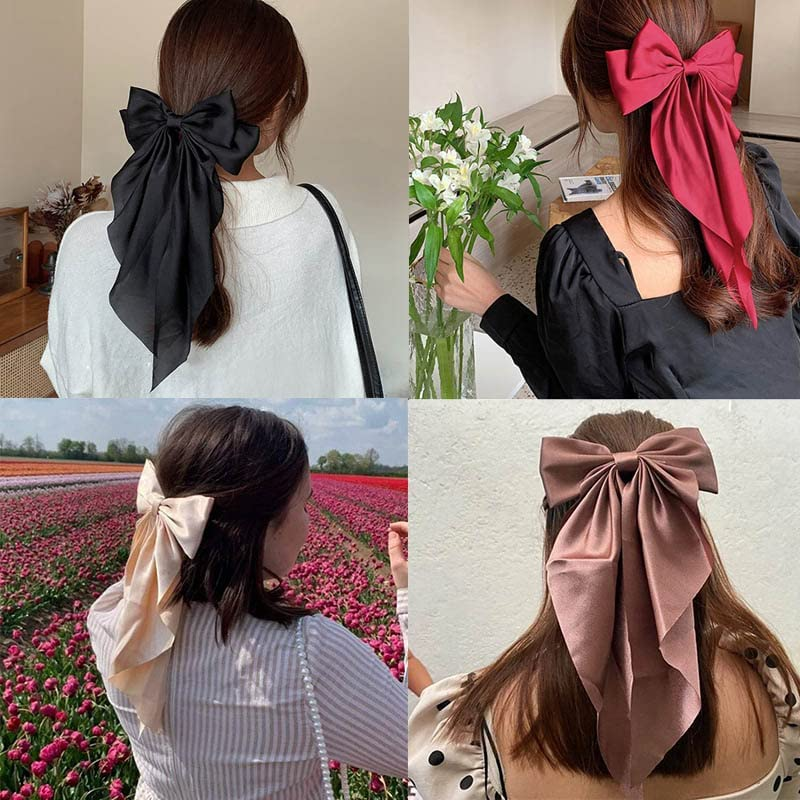 LERTREEUK Large Bow French Style Plain Knotted Hair Clips with Long Ribbon for Women and Girls (Champagne+Brown) 2 Pieces
