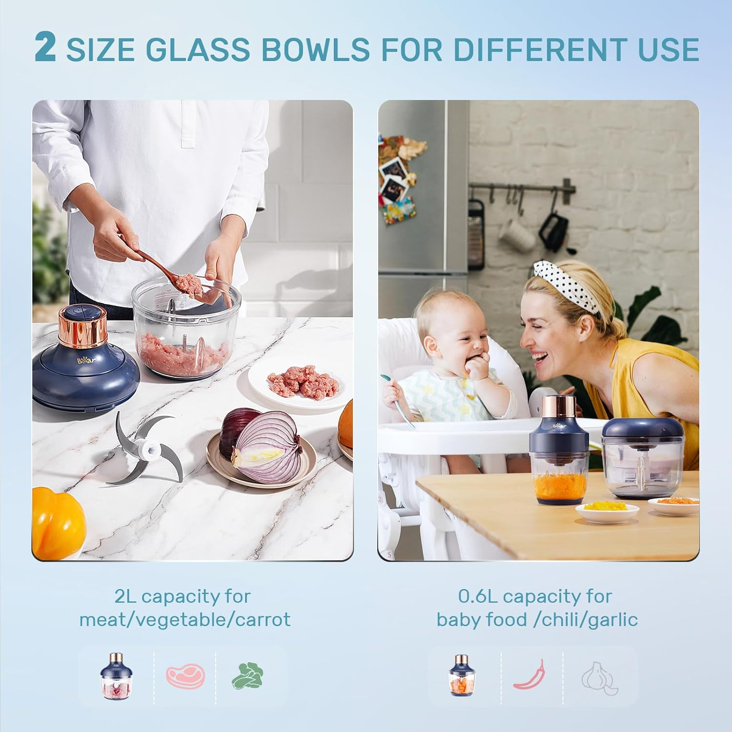 Bear Universal Chopper with 0.6 L + 2 L Glass Container, 2 Speed Classes, Electric Kitchen Shredder, 300 W Shredder with 4 Stainless Steel Blades and Meat Mincer