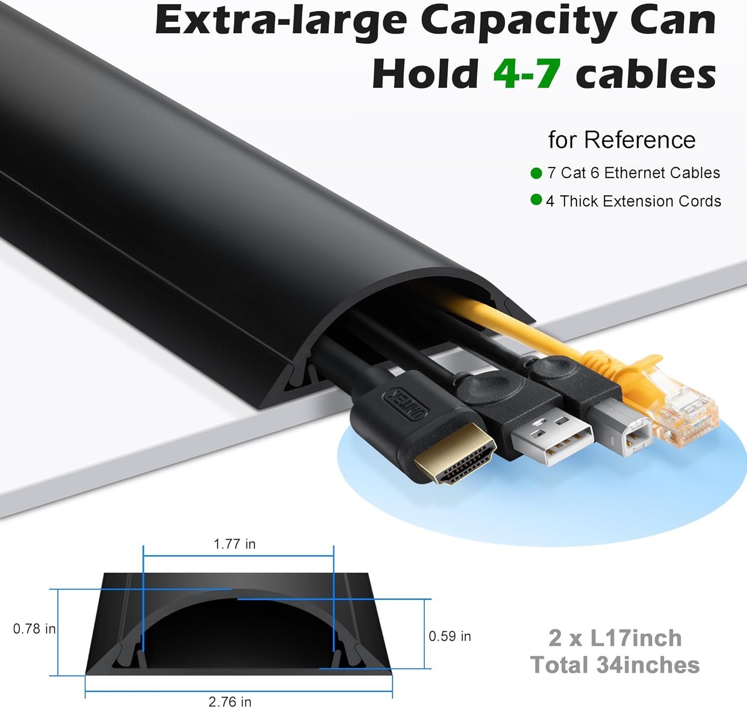 34In Cord Cover Floor, Large Capacity Floor Cable Cover, Hard PVC Cord Hider Floor, Floor Wire Cover for Cable Management Floor, Cable Floor Cover Black, 2X L17In, Cord Cavity - 1.77"(W) X 0.59"(H) image number 1