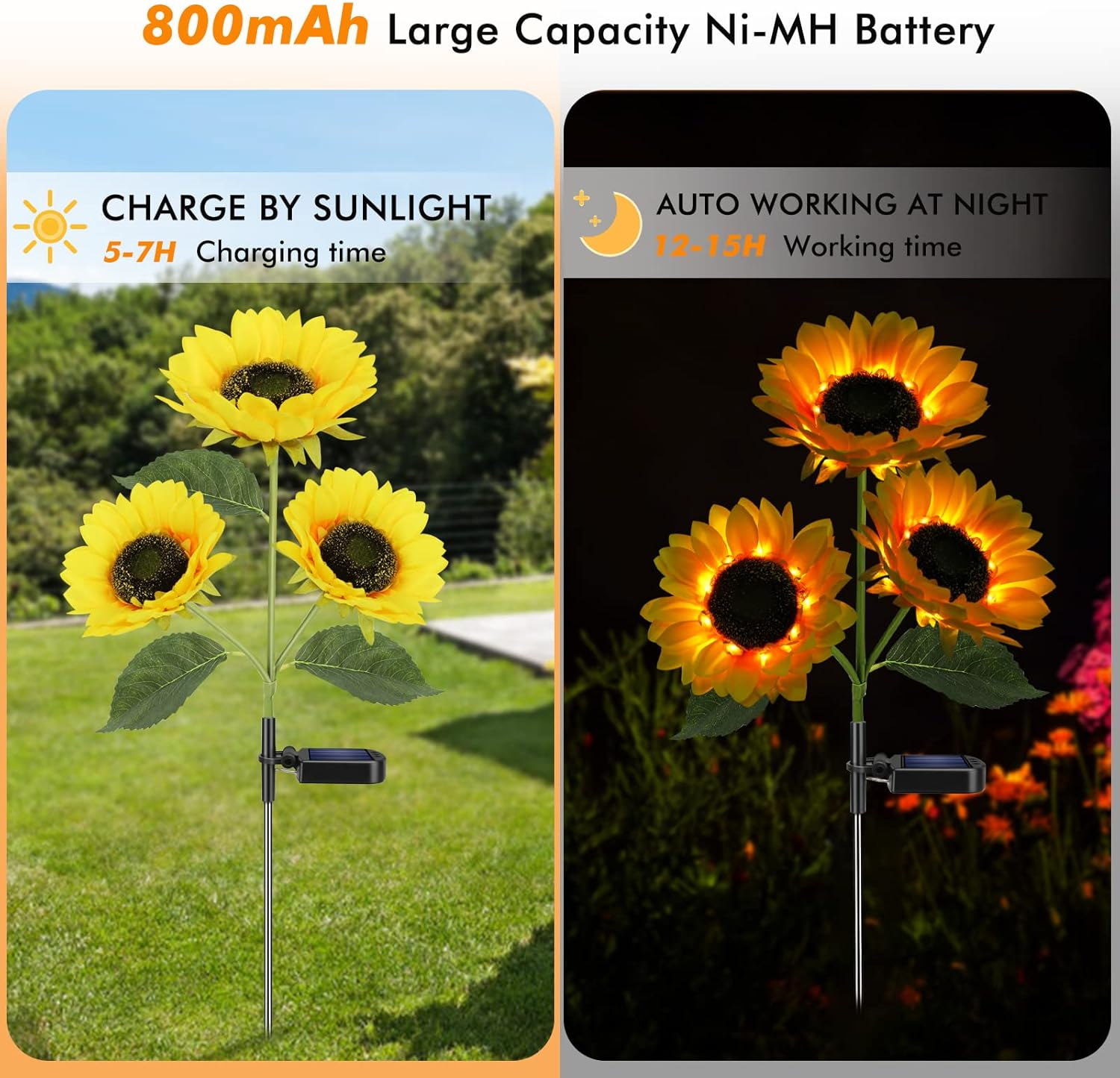 Solar Sunflower Lights, 800Ma Solar Garden Light with Real Looking Flowers Outdoor Waterproof Solar Stake Lights for Back Yard, Flower Bed, Pathway, Patio, Porch, Spring Decoration (2 Pack) image number 3