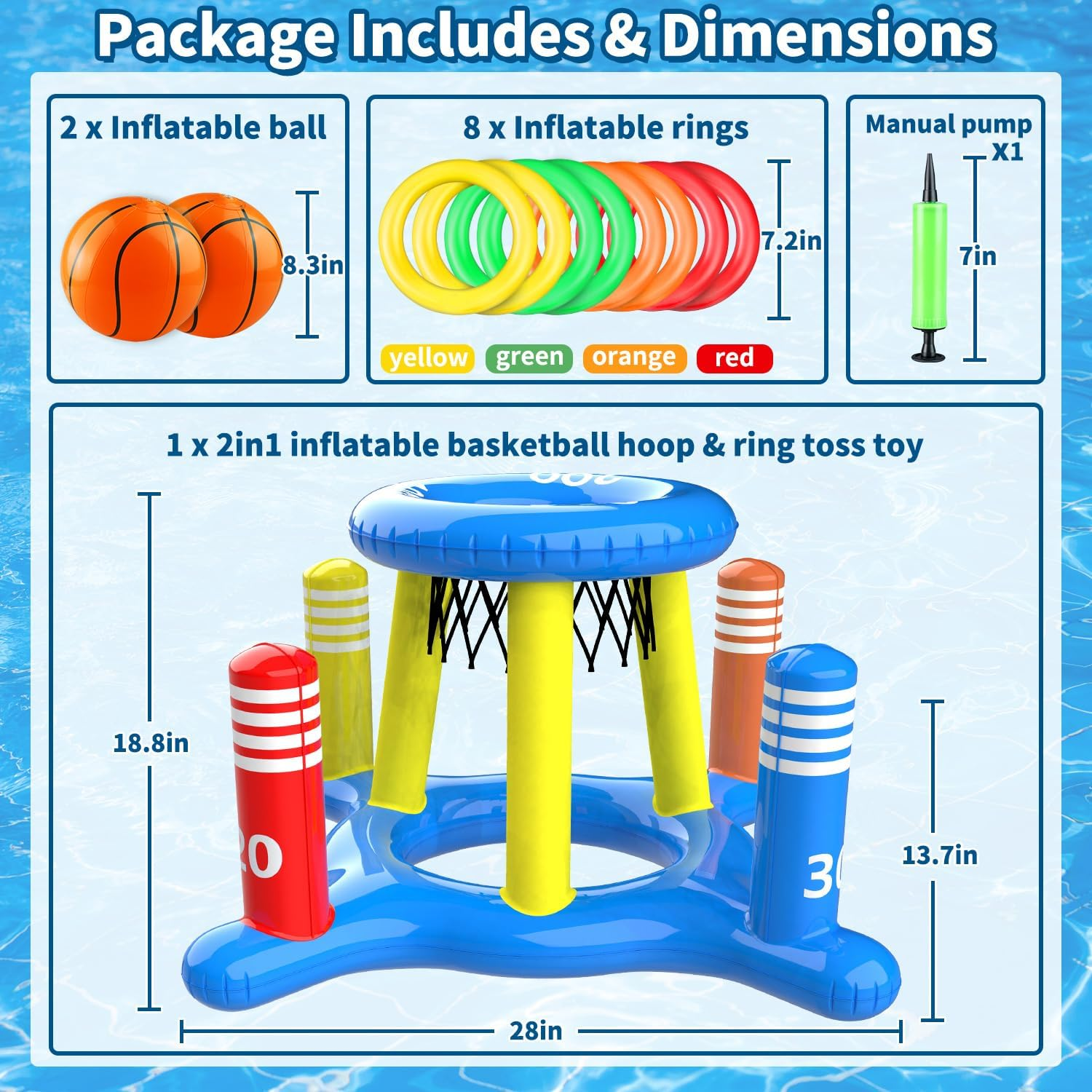 2-In-1 Pool Floats Toys Games Set, Inflatable Pool Basketball Hoop & Ring Toss Game, Summer Party Swimming Pool Toy for Toddler Kids Adults Family, Outdoor Poolside Water Toys for Boys Girls image number 1