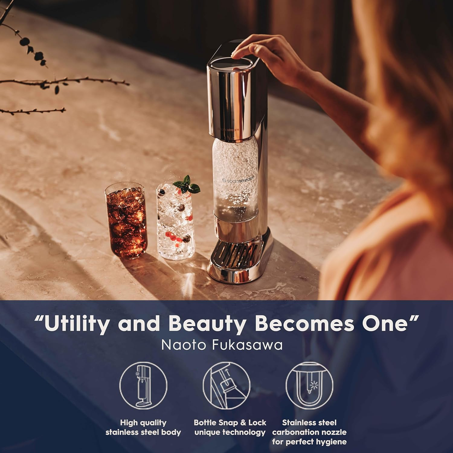 Sodastream - Enso Stainless Steel Sparkling Drink Maker | the Harmony of Form and Function | Quick Connect CO2 | Eco-Friendly Reusable Bottle | Stylish Kitchen Appliance