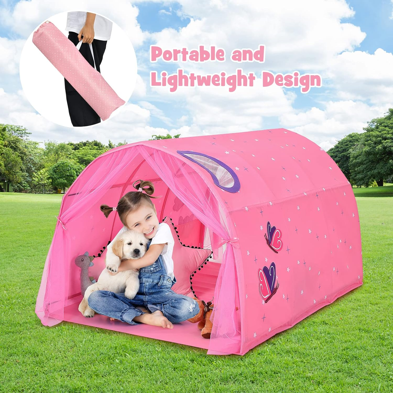 HONEY JOY Kids Play Tent, Portable Bed Tent for Children W/Double Mesh Curtain, Carrying Bag, Bed Tunnel Tent Playhouse for Bedroom, Living Room, Indoor Games, Sleeping Play Tents for Boys Girls, Pink image number 3