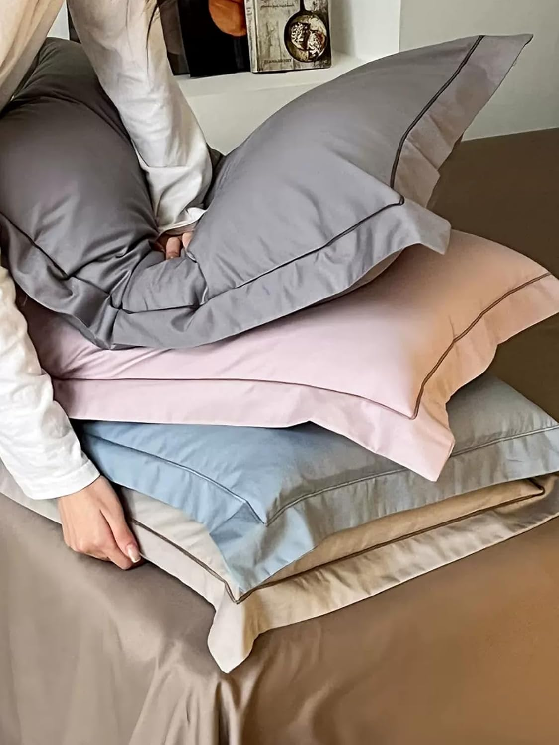 100% Egyptian Cotton Pillow Cases, a Set of 2 Cool Pillowcase, Long-Staple 100% Cotton Breathable, and Soft Sateen Weave Bed Pillow Cover, 1000 Thread Count Comfy Pillow Covers 48 * 74 Cm(Dark Gray) - Bamboo Green image number 2