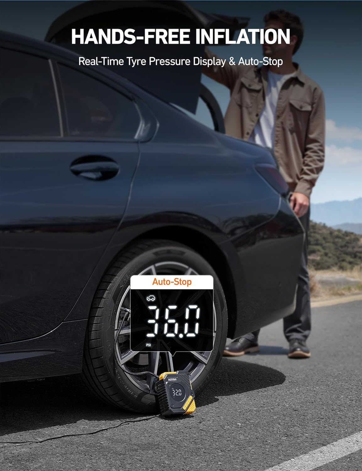 Astroai Car Tyre Inflator Air Compressor 12V DC, 150 PSI Digital Tyre Pump with Pressure Gauge, Large LCD Display, Smart Preset & Auto Stop, for Car, Motorcycle, Bike Tyres image number 1