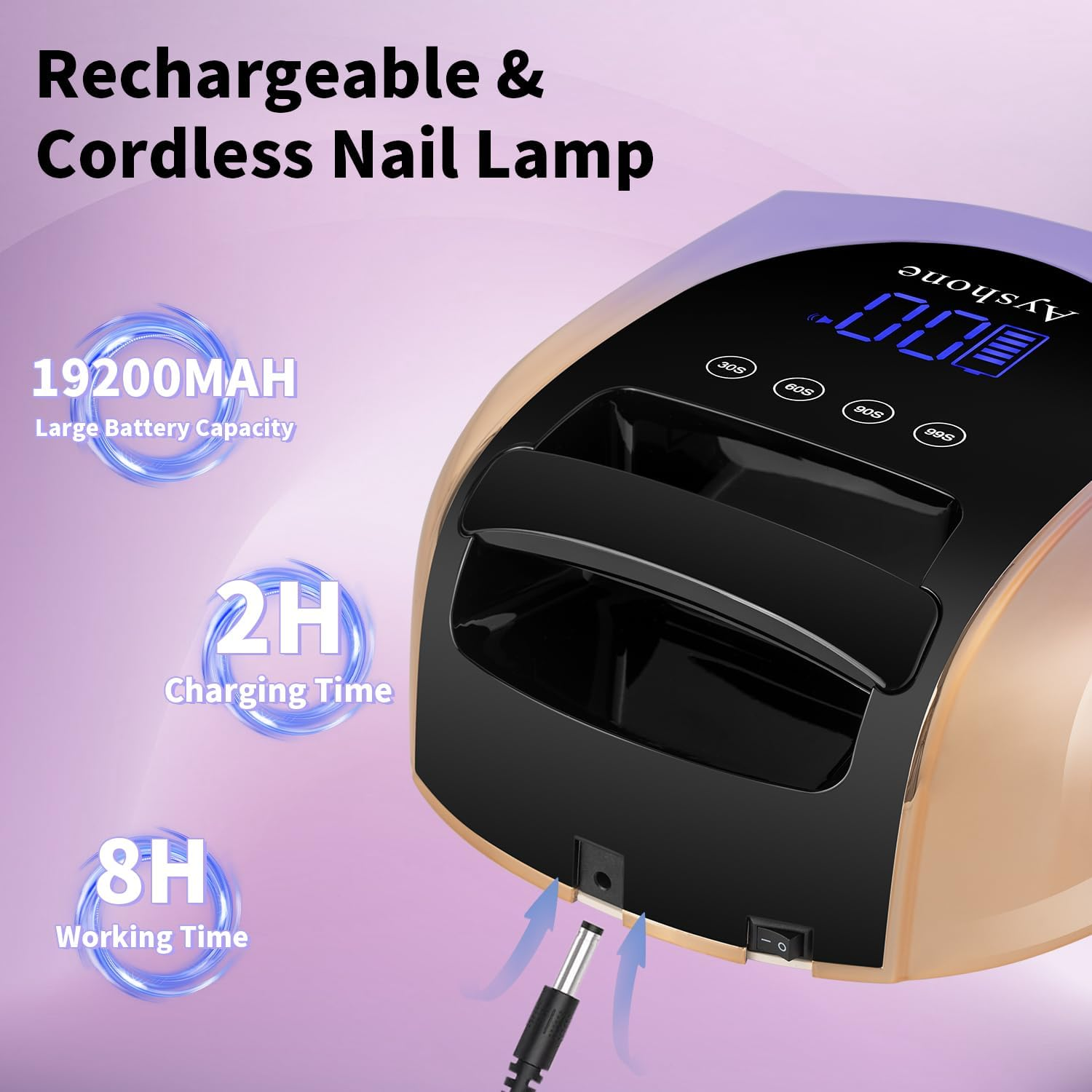 Ayshone Cordless Rechargeable UV Nail Lamp,96W UV Light for Gel Nails with Metal Base,Professional Fast Charger Curing Lamp,4 Timer Setting and Smart Sensor(Gradient Purple) image number 4