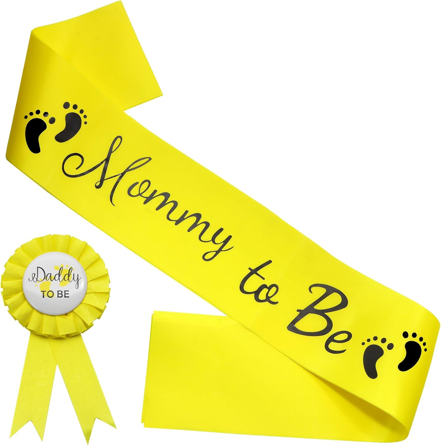 MILVOWOC 2 Pack Baby Shower Sash Set - Yellow Mommy to Be Sash & Daddy to Be Badge for Pregnancy Parties, Gender Reveals Gift with Satin Ribbon & Glossy Texture Baby Shower Decorations - Blue image number 2