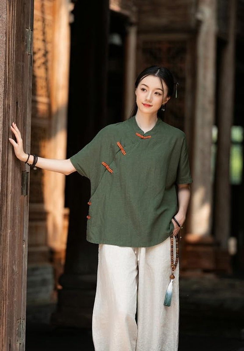 Women'S Chinese Linen Top Tang Style Half Sleeve Shirt Frog Button Blouse image number 2