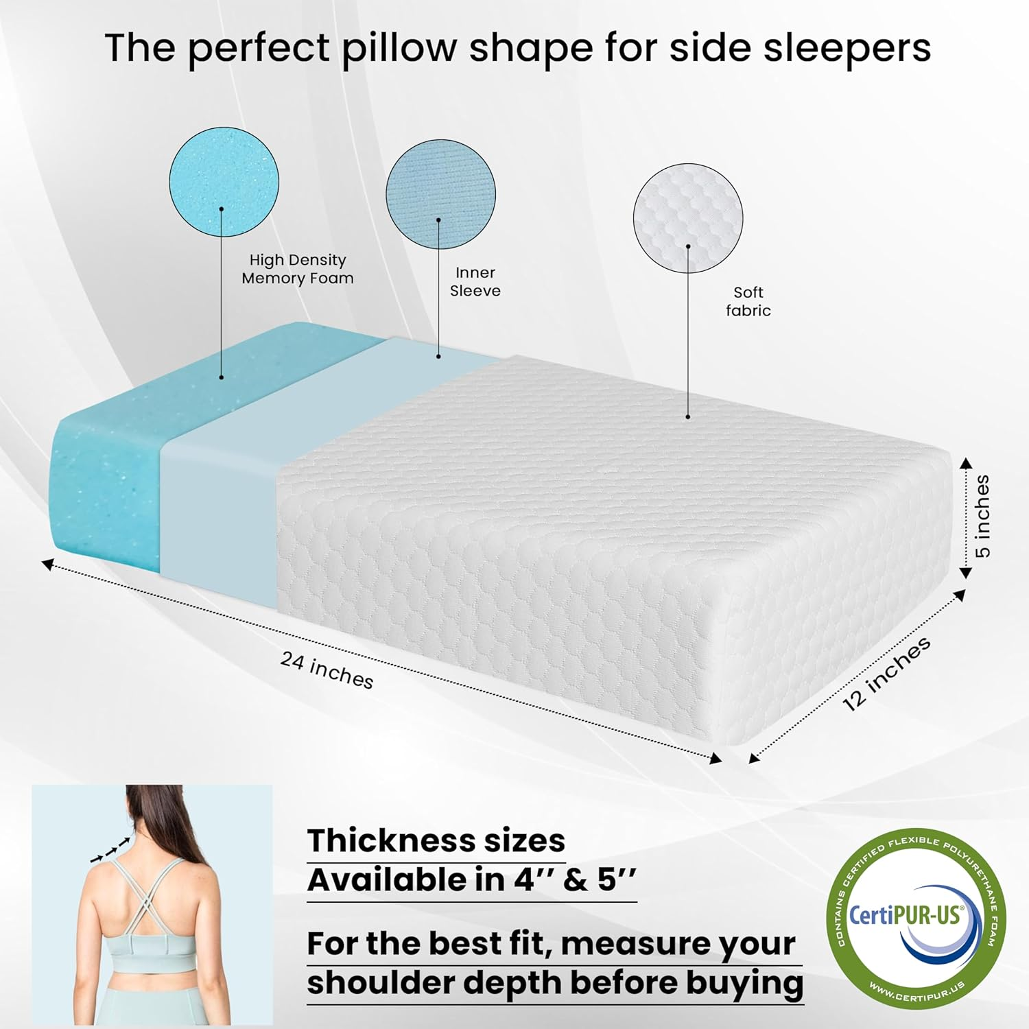 24X12X5 Pillow Cube for Side Sleepers with 2 Pillow Cases(White & Gray) Memory Foam&ndash; Extra Thick, Medium Firm Design Ideal for Neck,Shoulder Pain Relief & Cervical Support &ndash; Made of Odorless Fabric image number 1
