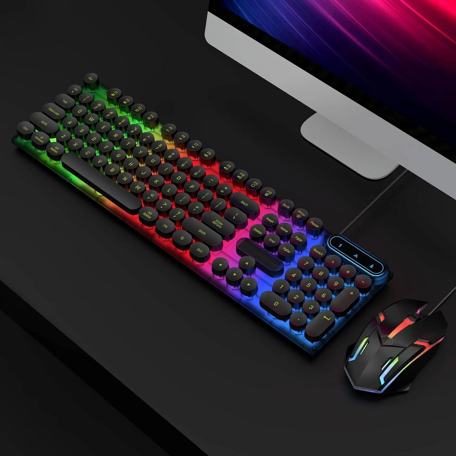 Wired Gaming Keyboard and Mouse Combo, LED Backlit anti Ghost Wired Keyboard Mouse, Retro Punk round Keycaps, 1600DPI Optical Mouse, USB Computer Keyboard for Winxp/7/8/10, OS X - White image number 2