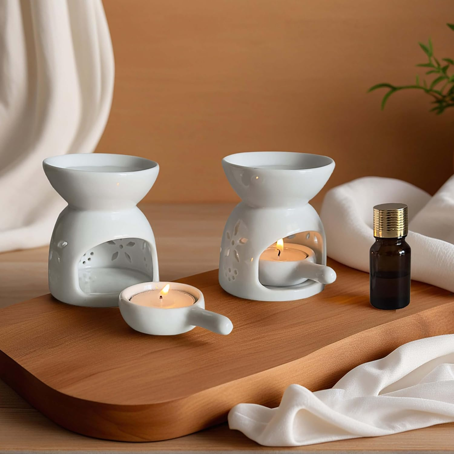 Oil Burner, Tealight Wax Warmer with Tea Wax Tray, White Oil Warmer for Scented Oil (Pack of 2)