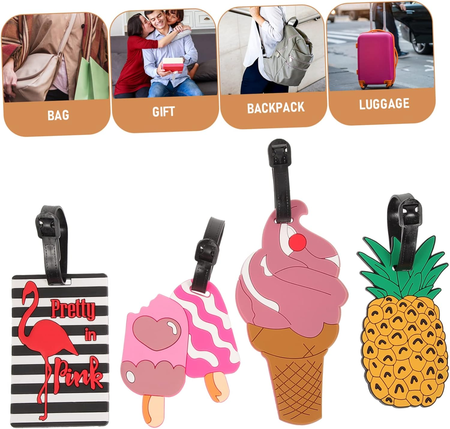WRITWAA 10Pcs Cute Cartoon Soft PVC Luggage Tags Travel Suitcase Id Labels Pineapple Donut Ice Cream Design Boys and Girls Women Suitcase Identification Accessories image number 6