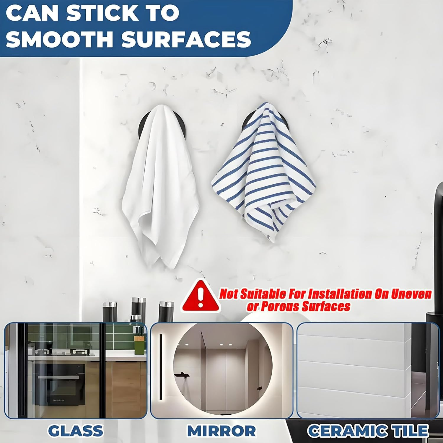 MYTOAU 6 Pack Suction Cup Hooks for Bathroom,Stainless Steel Suction Self Adhesivetowel Hooks,No Drill Heavy Duty Hooks for Bathroom Wall,Kitchen,Glass,Mirror,Tile to Hang Towels,Robes,Loofah(Black) image number 4