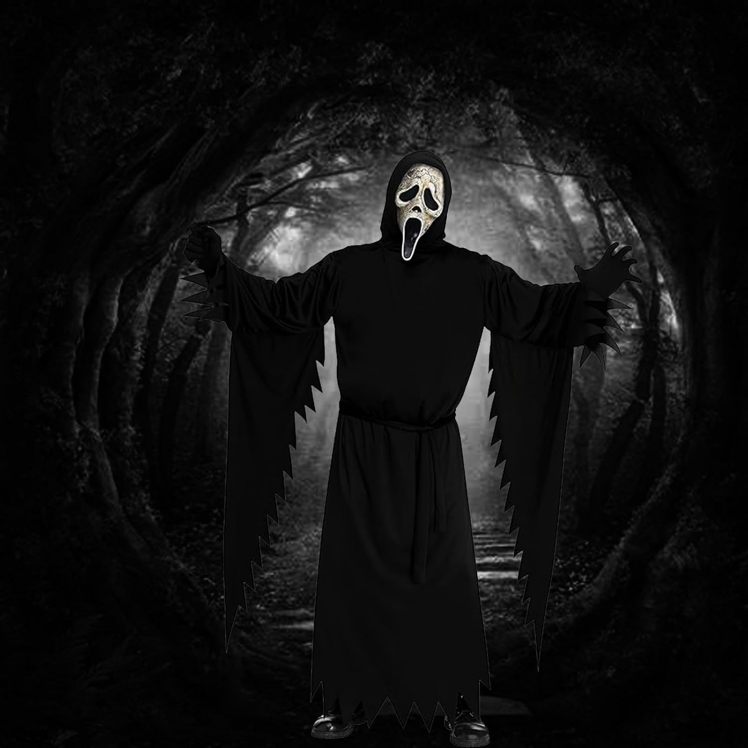 Scary Scream Costume Gostfaceing Costume Black Robe with Mask Mens Costume Halloween Cosplay Costume