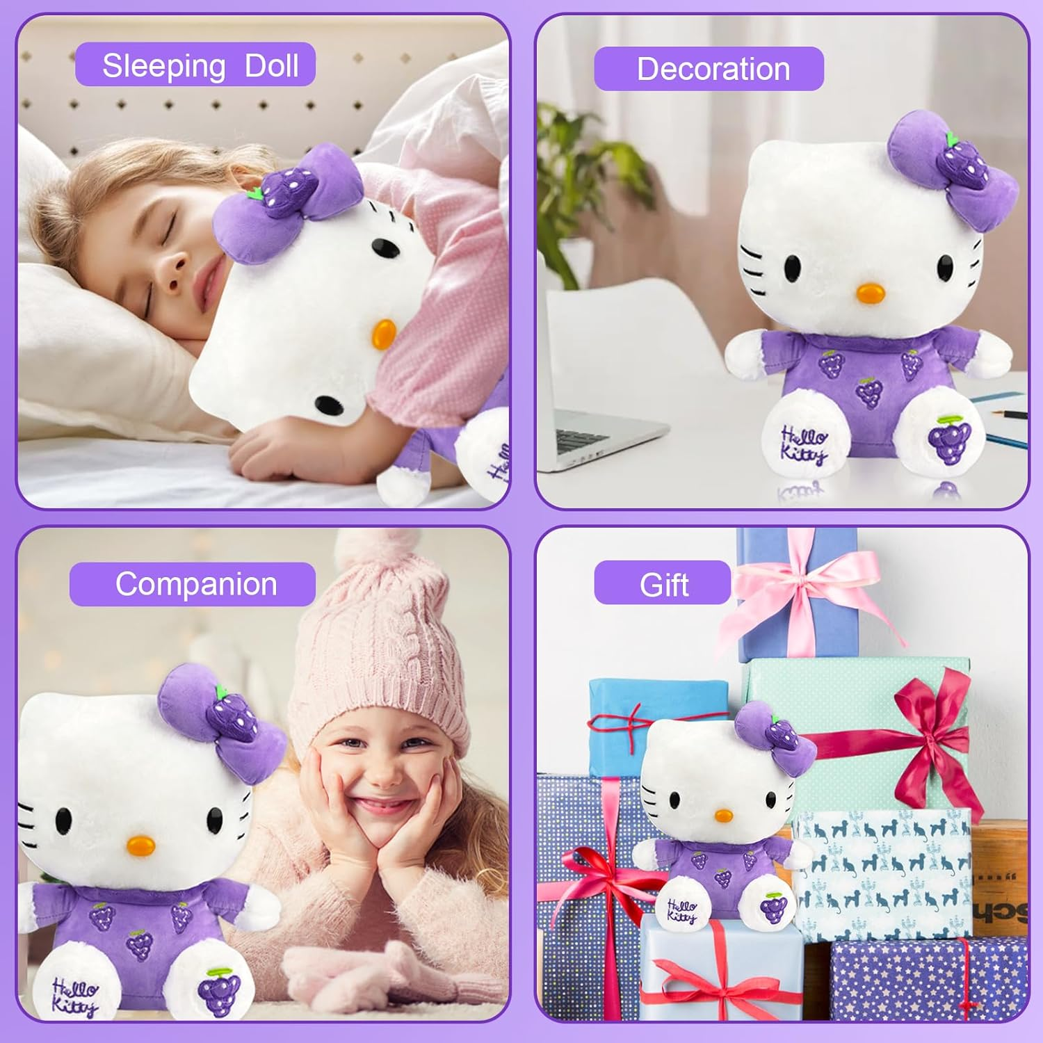 Hello-Kitty Plush Toy, Hello Kitty Cuddly Toy, 30 Cm Kawaii Cat Plush, Plush Large for Children, Plushie Toy for Girls, Birthday Party (Purple Grapes) image number 2
