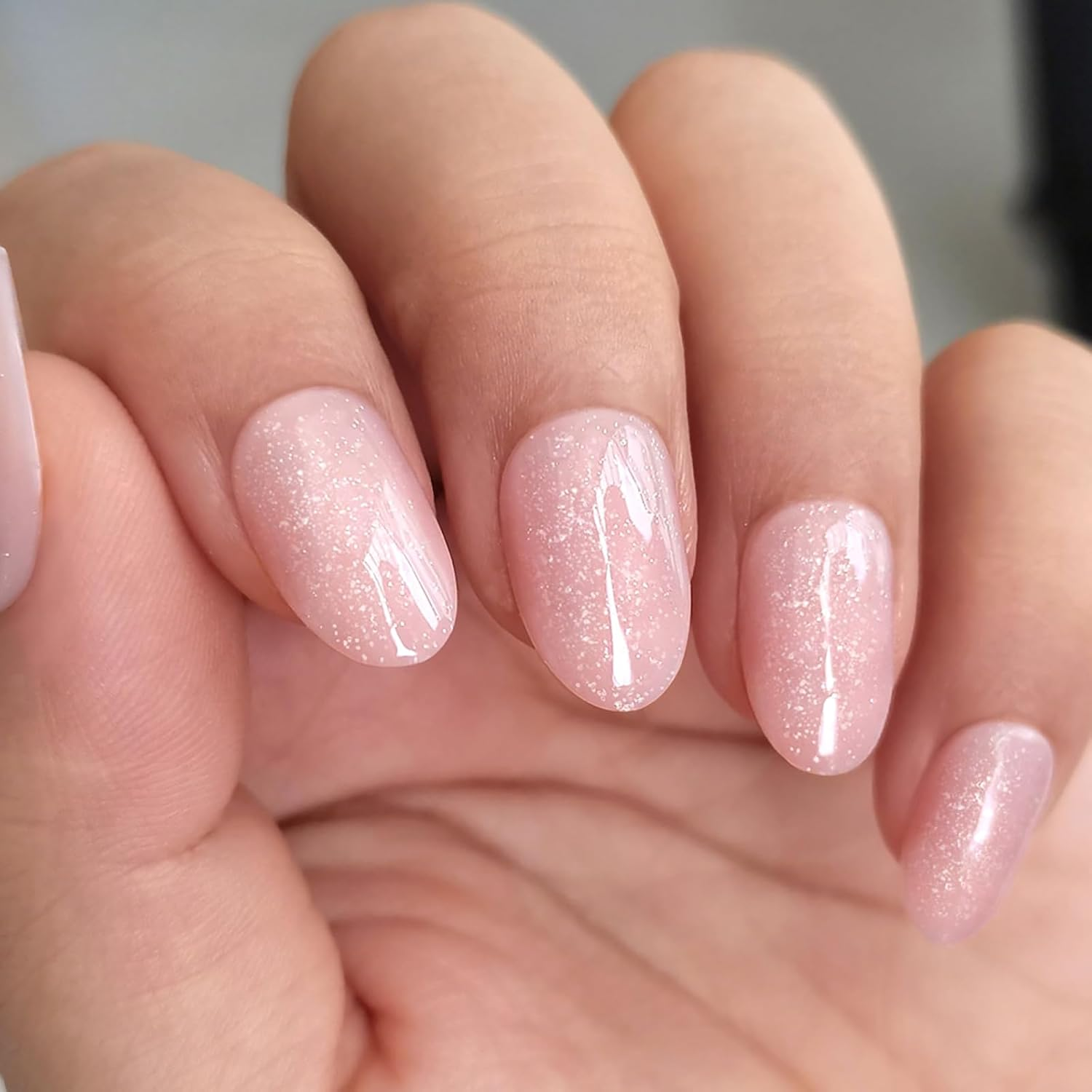 Noerrors Noerrors Glitter Pink False Nails, Pack of 32 Short Almond Oval round Milk Pink Press-On Nails, Shiny Glitter False Nails with Glue, Full Cover for Women and Girls image number 3