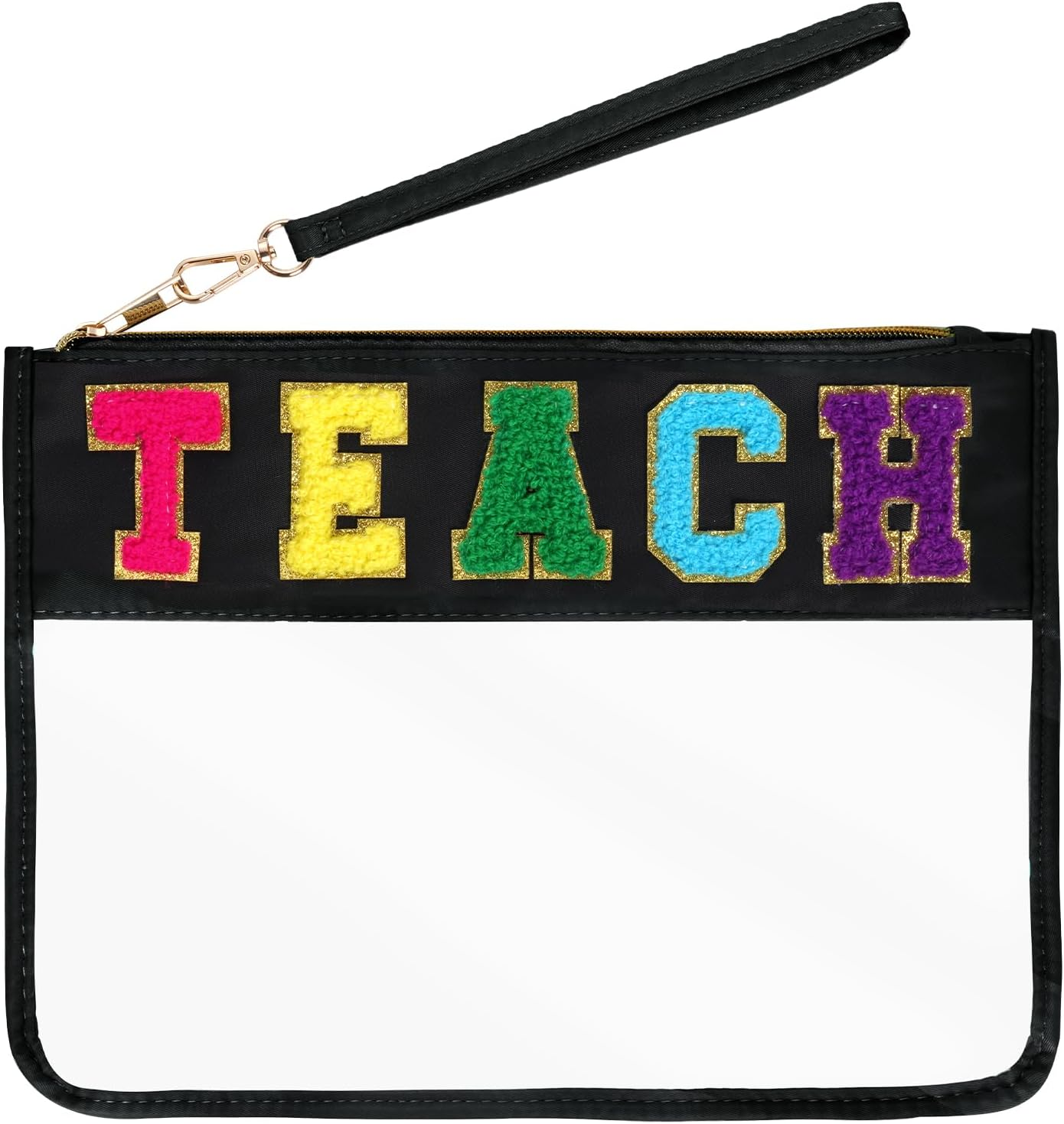 Chenille Letter Bag, Clear Flat Pouches with Zipper, Clear Makeup Letter Bag, Black-Dance, 11.8X8.7 Inch