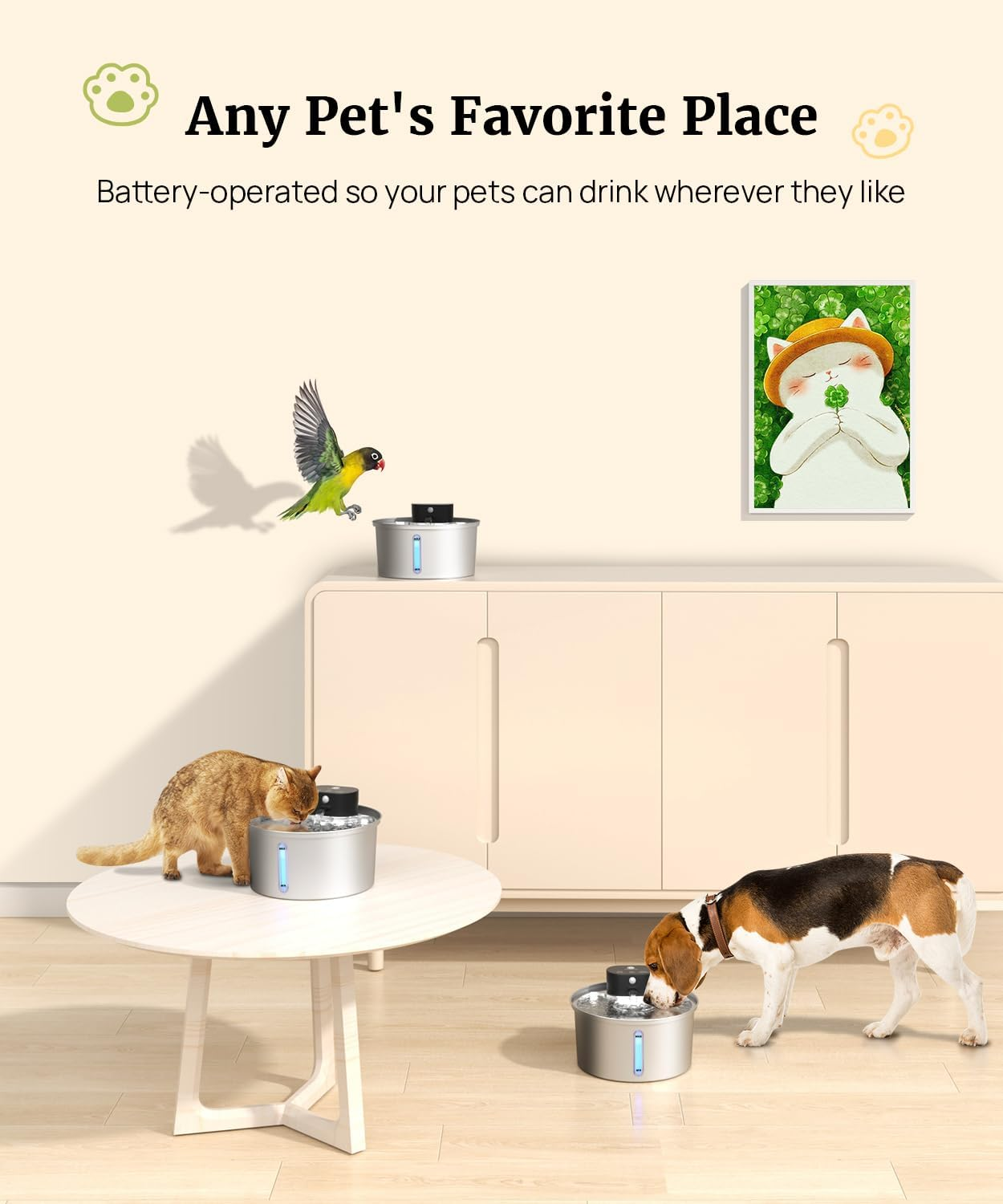 Wireless Cat Water Fountain Stainless Steel, 2024 Upgraded New Sensor - 3 Work Modes,6000Mah Battery Operated Cat Water Fountain Cordless, Pet Water Fountain for Cats Dogs Indoor - 108Oz/3.2L image number 4