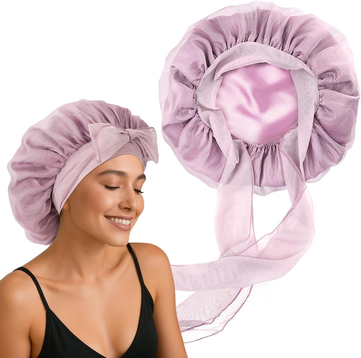 YANIBEST Breathable Silk Bonnet for Sleeping Women, Breeze Satin Nightcap with Tie Band Hair Bonnets Curly Hair, Head Wrap Cap