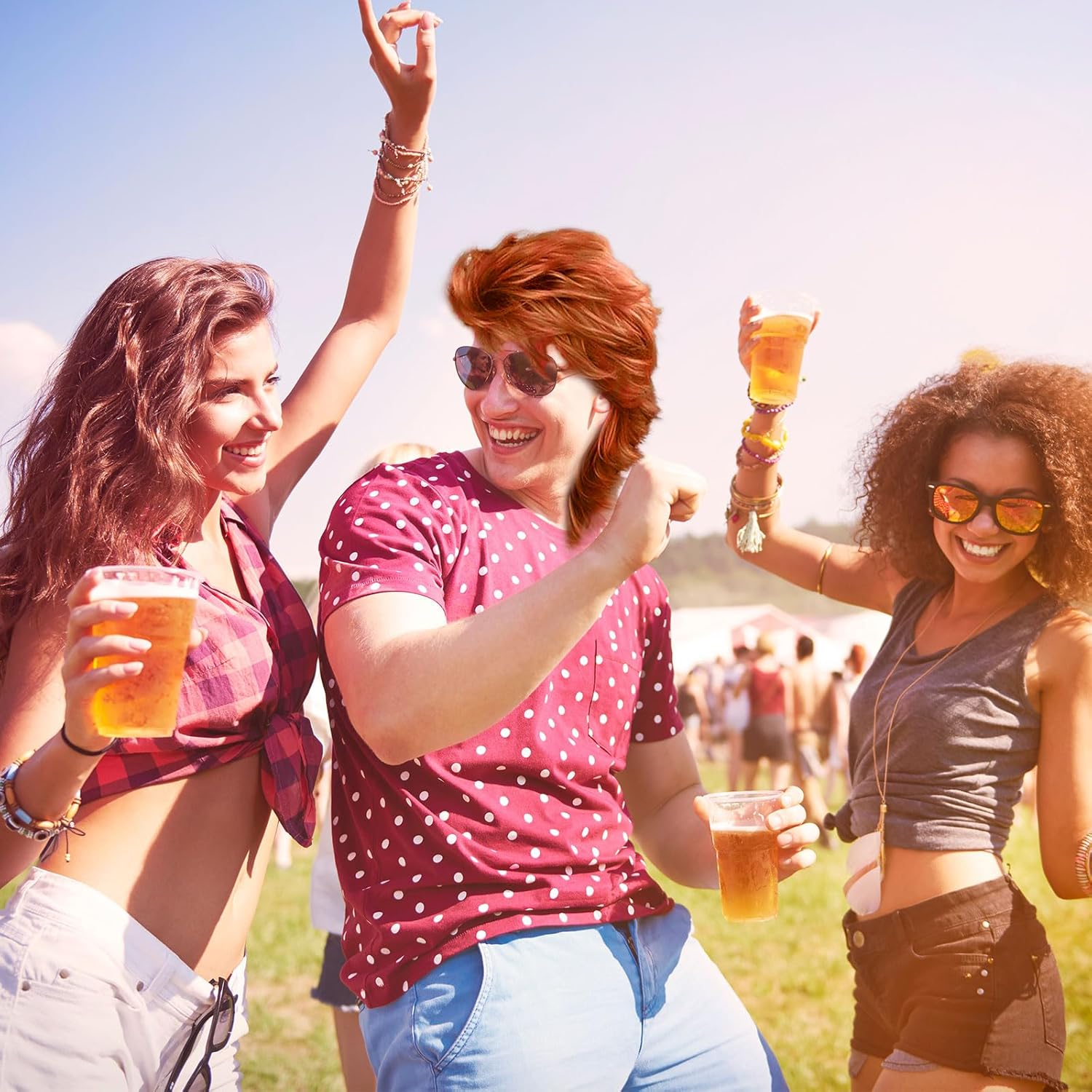 FOUNSHO Red Mullet Wig for Men, Men'S Long Curly Wig, 70S Rocker Fancy Dress Wigs for Adult, Men'S 80S 90S Wigs for Pop Rock Star Costumes Carnival Halloween Party (Red) image number 1