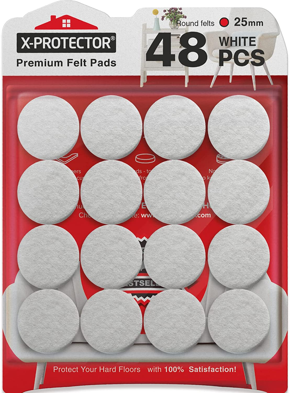 Felt Furniture Pads X-PROTECTOR 48 Pcs - 25 Mm Premium Chair Floor Protectors - Felt for Chairs Furniture Feet & Wood Floors - Best Furniture Pads for Hardwood Floors - Protect Your Hard Floors!