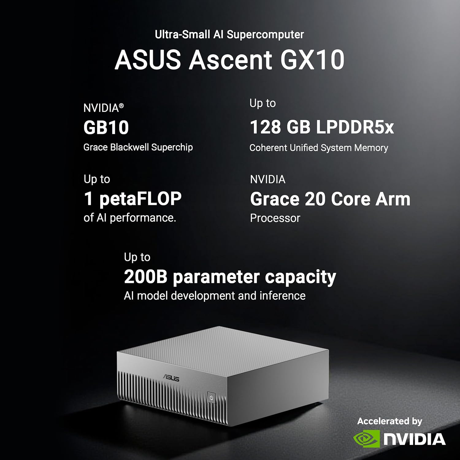 ASUS Ascent GX10 AI Supercomputer Mini PC, ARM V9.1-A CPU (GB10), 128GB LPDDR5X RAM, 1TB SSD, NVIDIA Blackwell Integrated GPU (GB10), 10Gbe LAN, Wifi 7, NVIDIA DGX OS image number 5