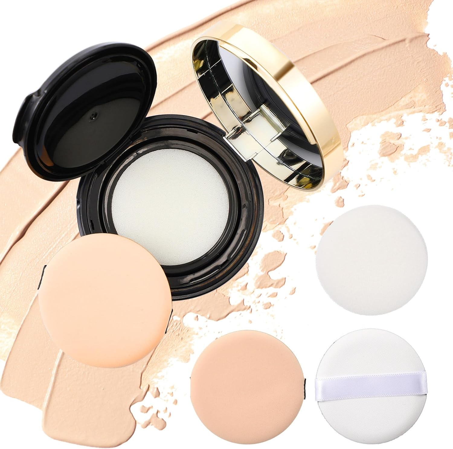 Patelai 7 Pcs 0.5Oz Black Empty Luxurious Air Cushion Puff Box with Sponge Puff and Mirror, Portable Make-Up Powder Container Case with Extra Sponges and Puffs, Refillable Foundation Bb Cream Box