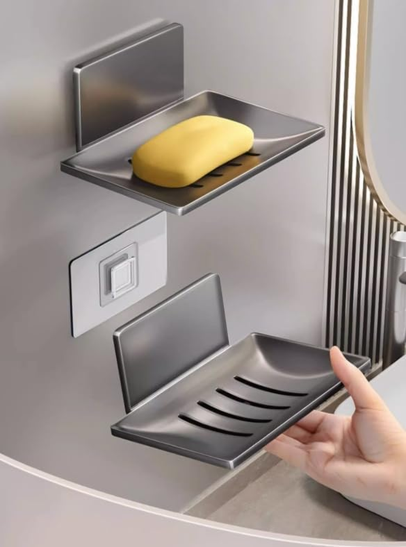 Self-Adhesive Soap Dish for Shower, Bathroom Soap Holder Wall Mount, Soap Savers for Bar Soap and Sponge Easy Drainage, 2 Pack Stainless Steel Soap Dishes for Bar Soap (Grey, One Size) image number 3