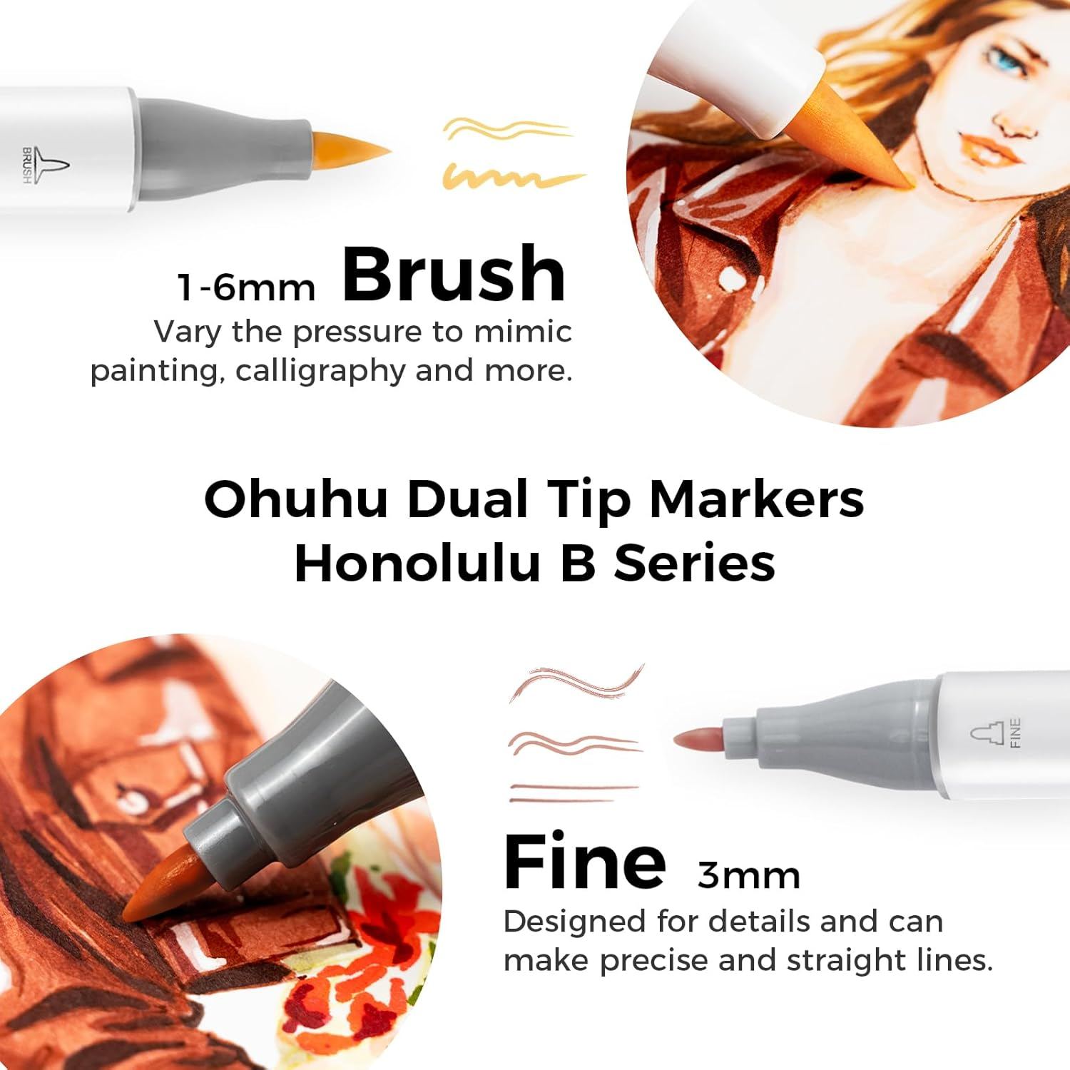 Ohuhu Brush Markers Skin Tone - 36 Portrait Skin Colors Double Tipped Art Marker Set for Artist Adults Coloring Illustration- Refillable- Brush & Fine Dual Tips- Honolulu B of Ohuhu Markers image number 2