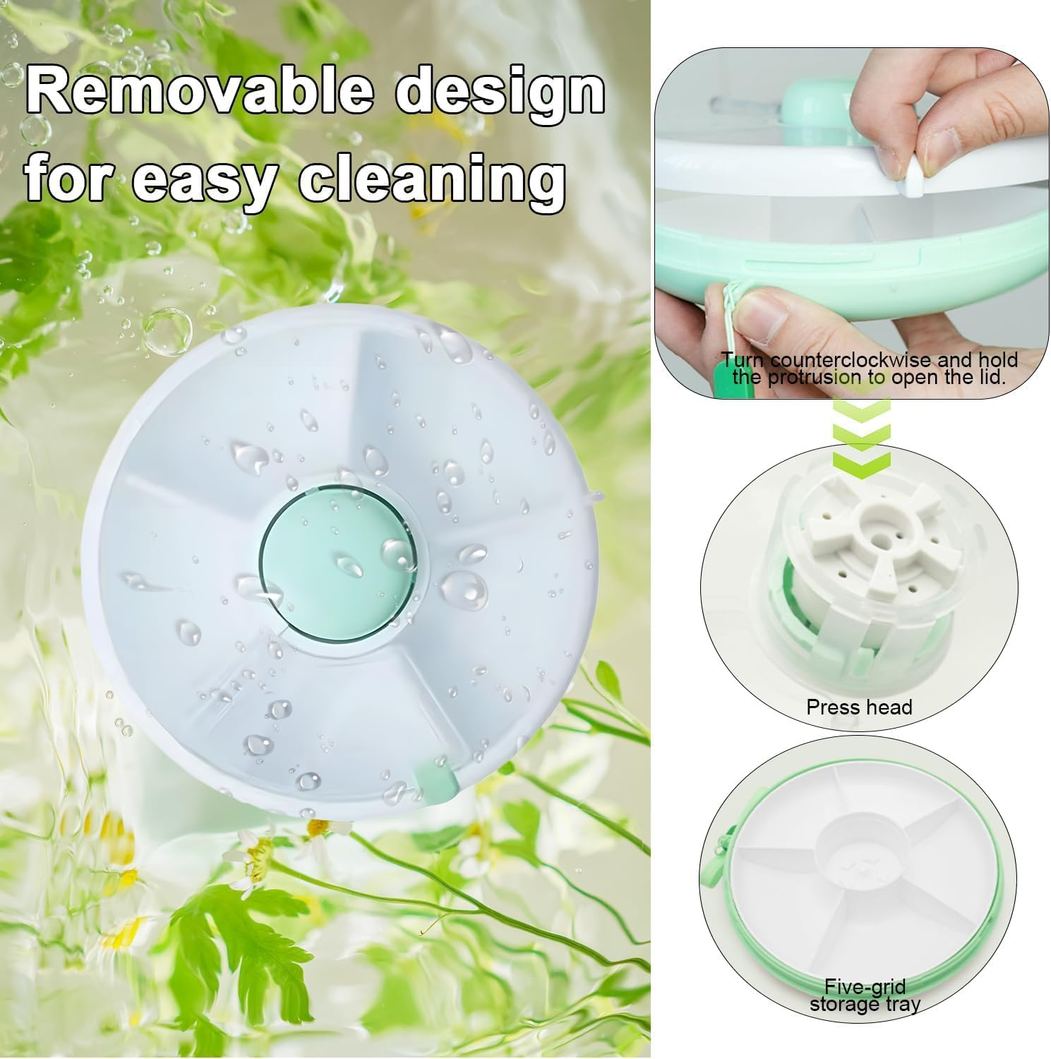 Walquicks Snack Spinner with Hand Strap Reusable Snack Container with 5 Compartments and Lid, Portable Melon Candy Seeds Organizer Storage Boxes, Leak-Proof Divided Snack Serving Tray for Travel image number 4