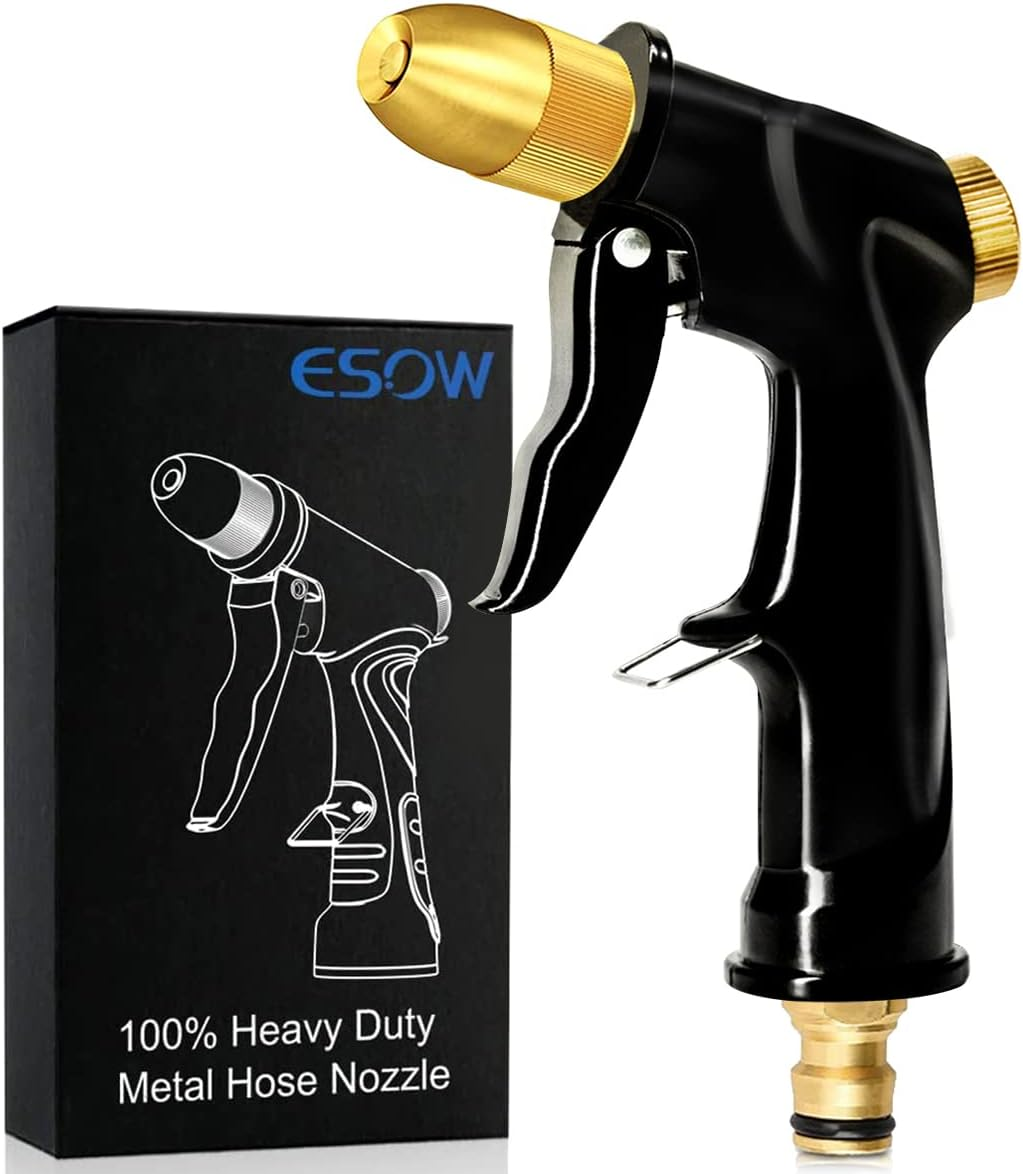 ESOW Brass Garden Hose Nozzle, Heavy Duty Metal Spray Gun with Full Brass Nozzle, Adjustable Water Flow, 3/4" Standard Hose Fitting, Perfect for Watering, Cleaning & Car Washing