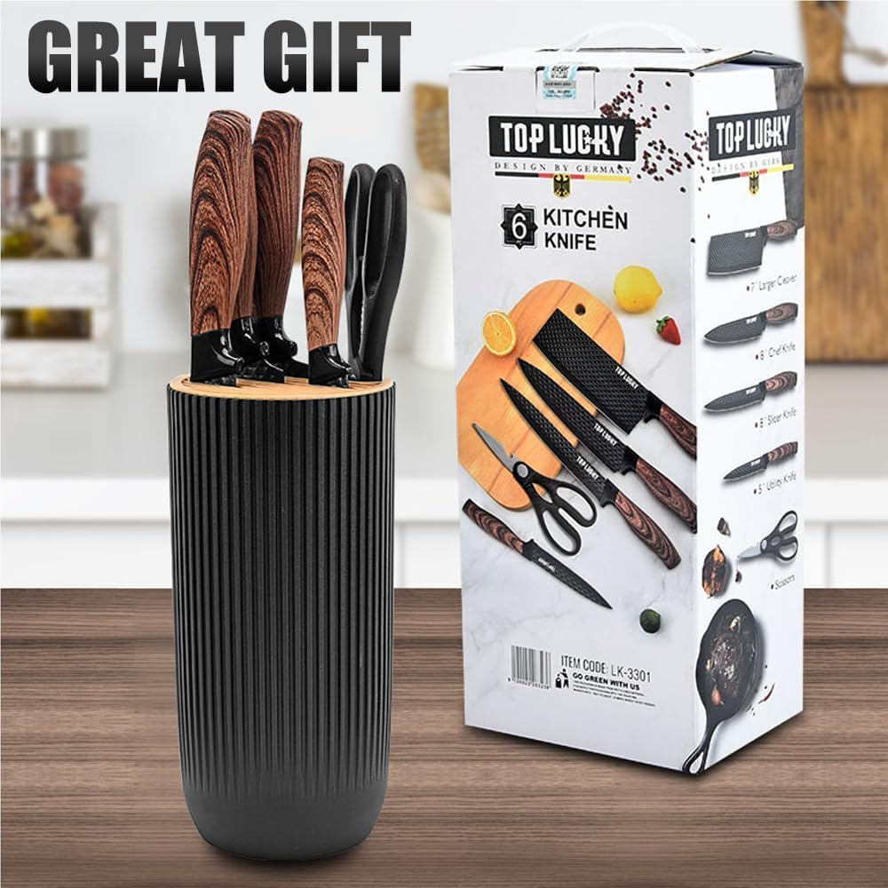 Kitchen Knife Set,6-Pieces Black Sharp Knife Set for Kitchen, Non-Stick Non-Slip Stainless Steel Chef Knife Set with Universal Knife Block Suitable for Home Restaurant (Wood Grain Black) image number 2