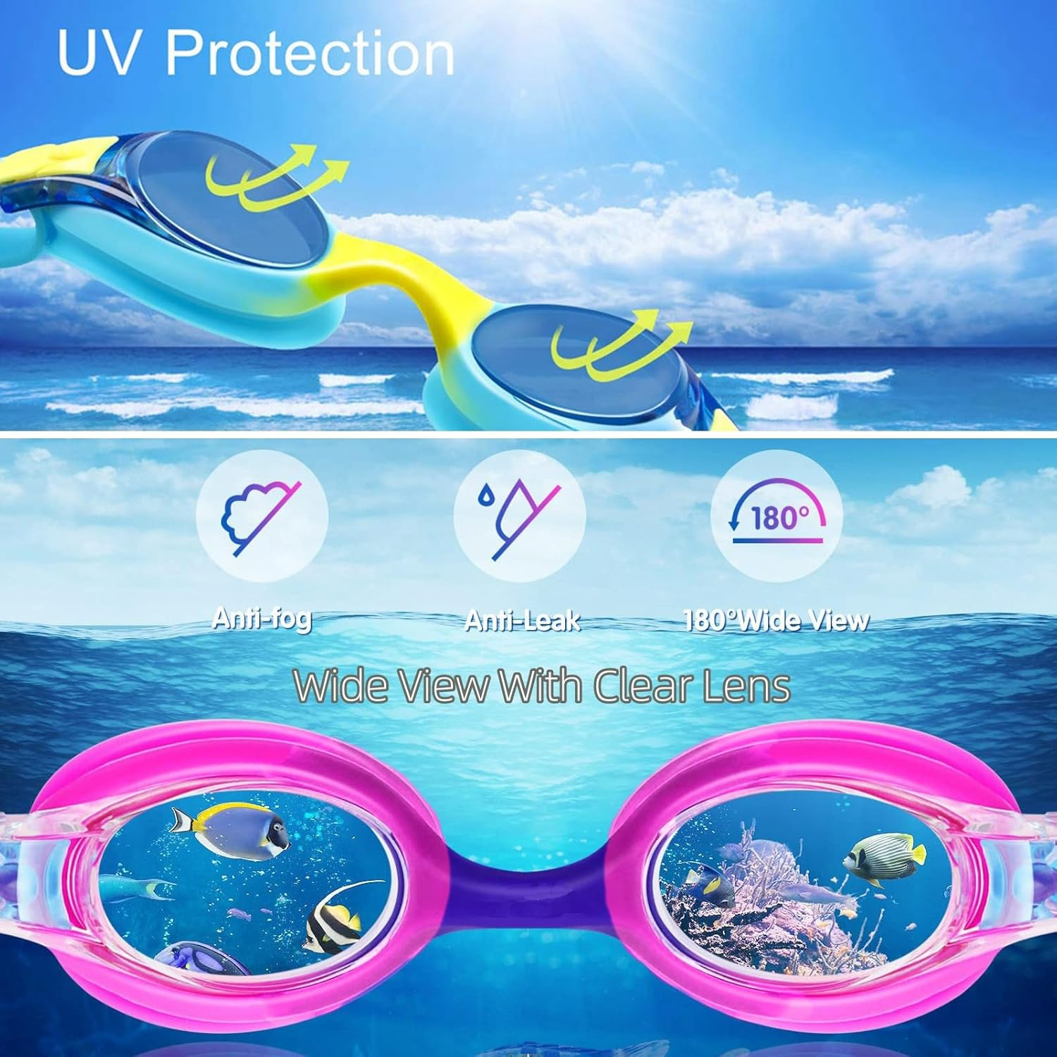 Kids Swimming Goggles anti Fog Kids-Goggles No Leaking Water Pool Goggles,Adjustable Toddler Swim Goggles with UV Protection,Clear Vision Swimming Goggles for Boys Girls Youth Kids