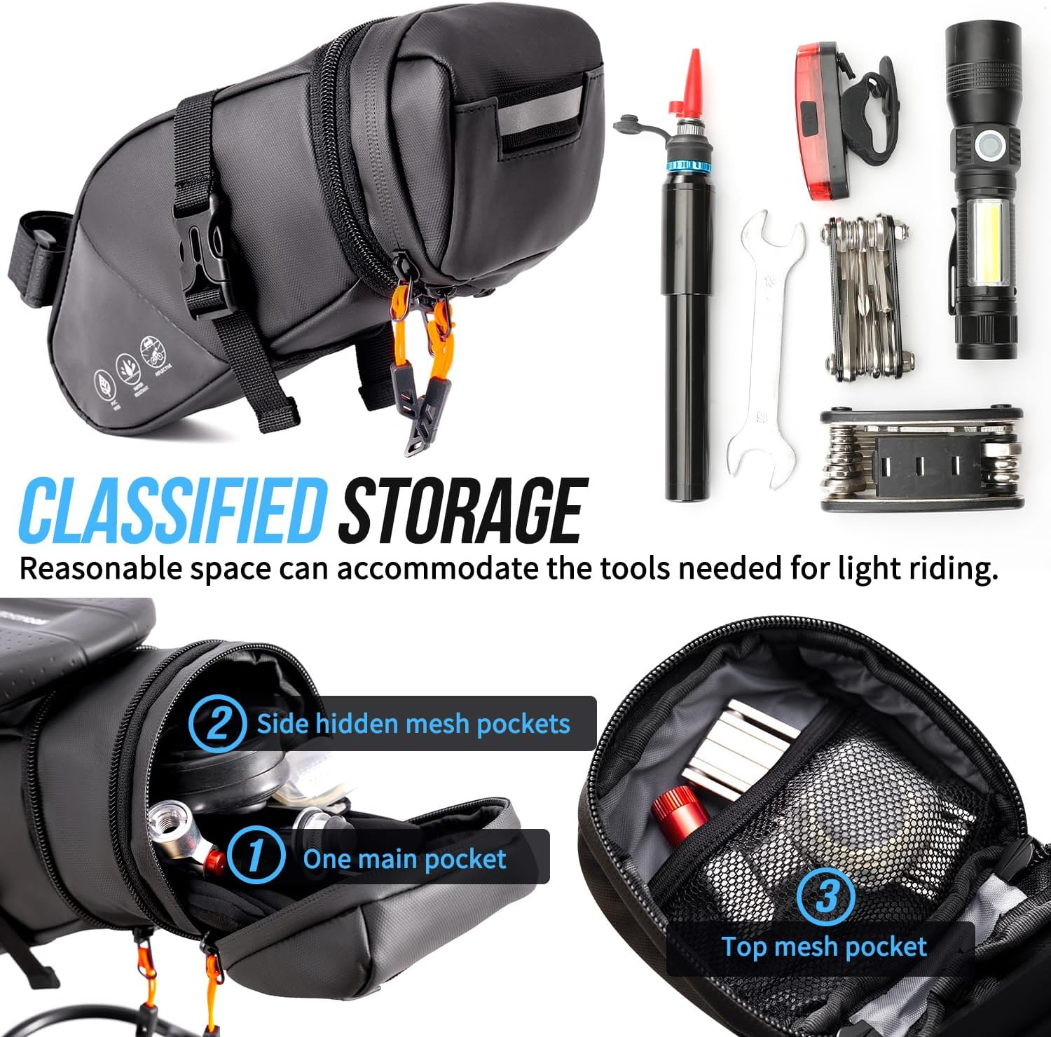WOTOW Bike Saddle Bag - Waterproof Bike Seat Bag Expandable to 2L- Reflective Bicycle under Seat Storage Pouch for Road Mountain Bike Cycling Travel image number 6