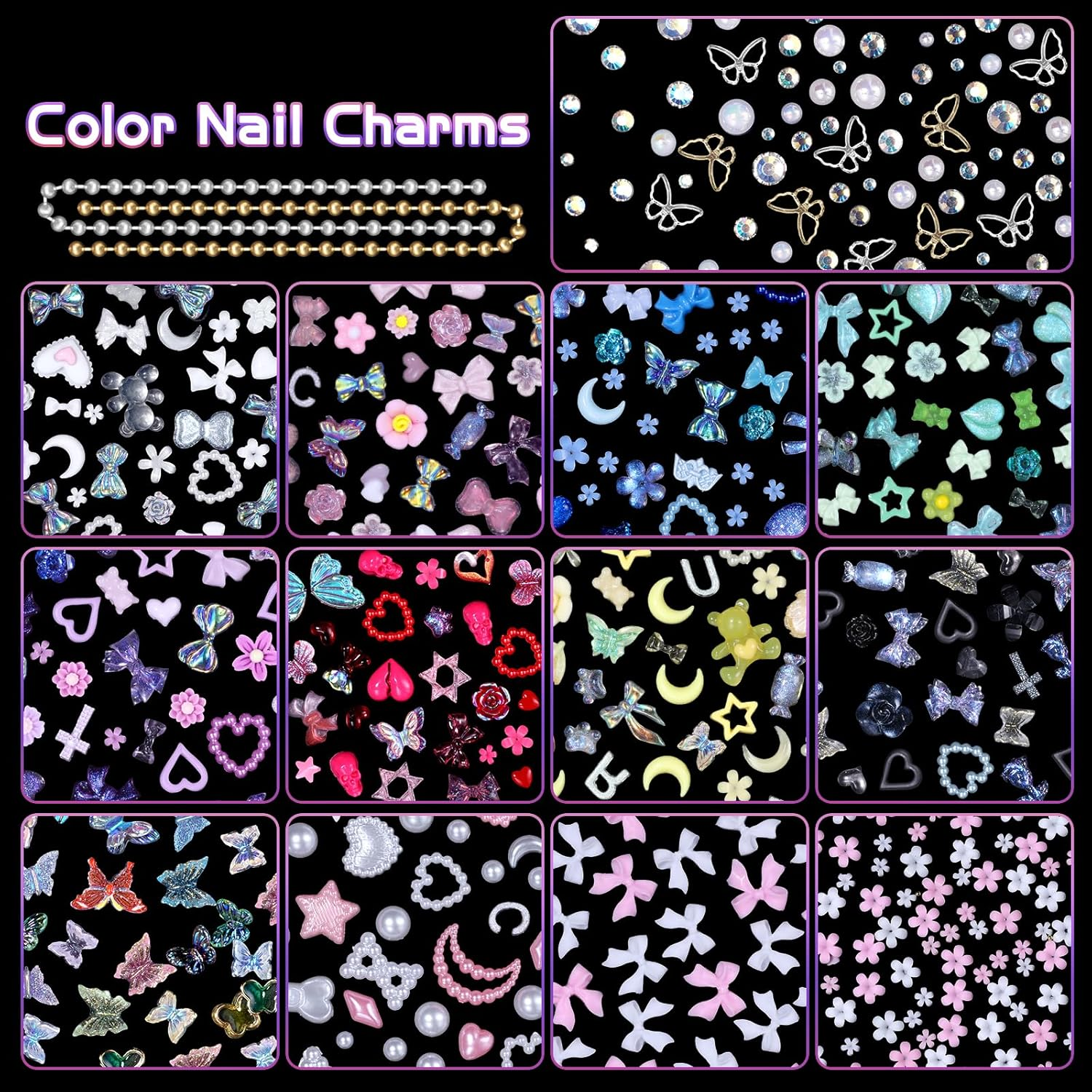 3D Nail Art Charms Set - Flower, Bow, Moon, Heart, Star, Butterfly, Blossom, Half round Pearl Nail Charms, Flatback Gems AB Rhinestones- DIY Nail Art Supplies Accessories image number 3