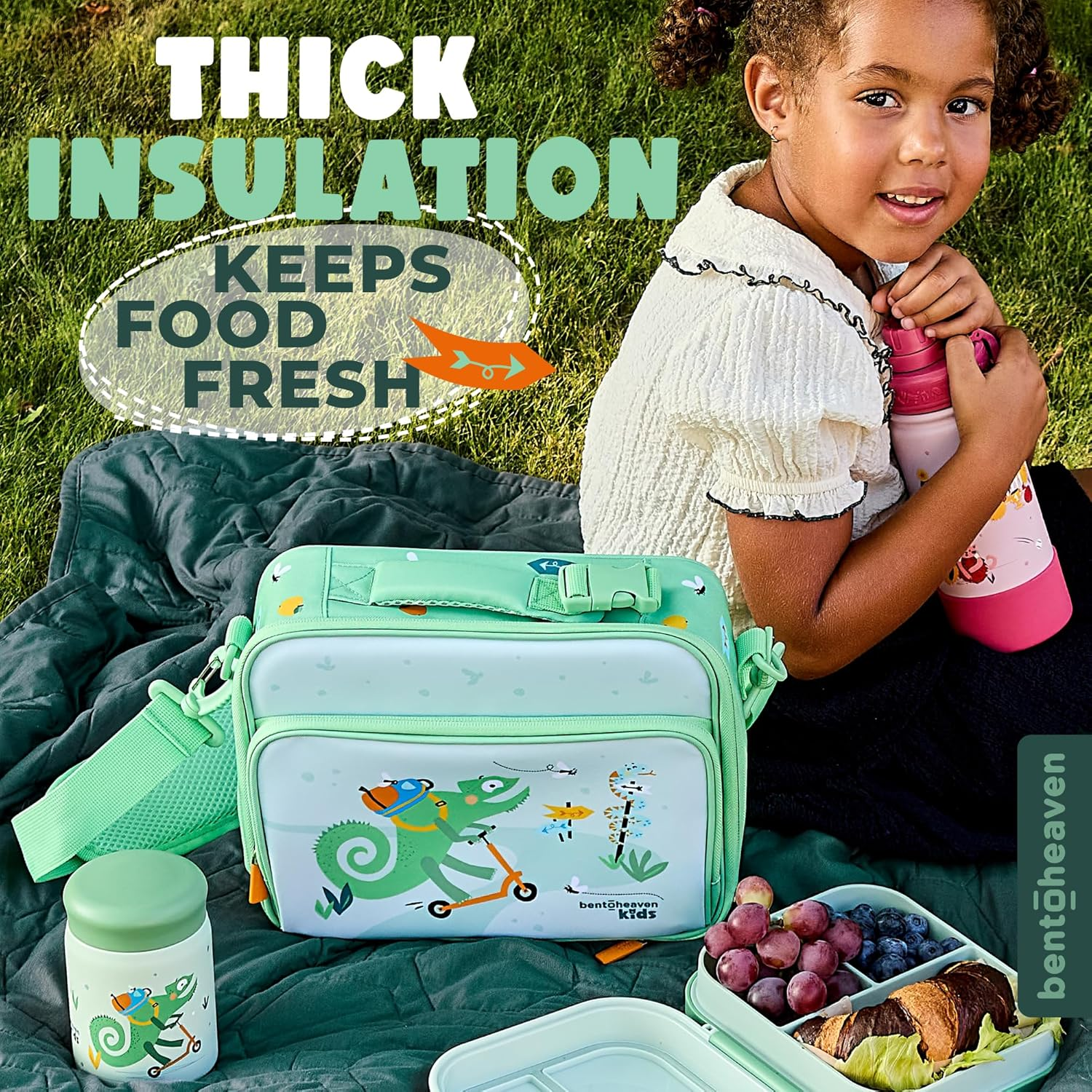 Bentoheaven Insulated Lunch Bag for Kids, Girls & Boys - Large Size Fits Bento Lunch Box, Water Bottle & Snacks - Durable, Easy to Clean, Leakproof - Adjustable Shoulder Strap, Zipper Pockets (Green) - Green image number 1