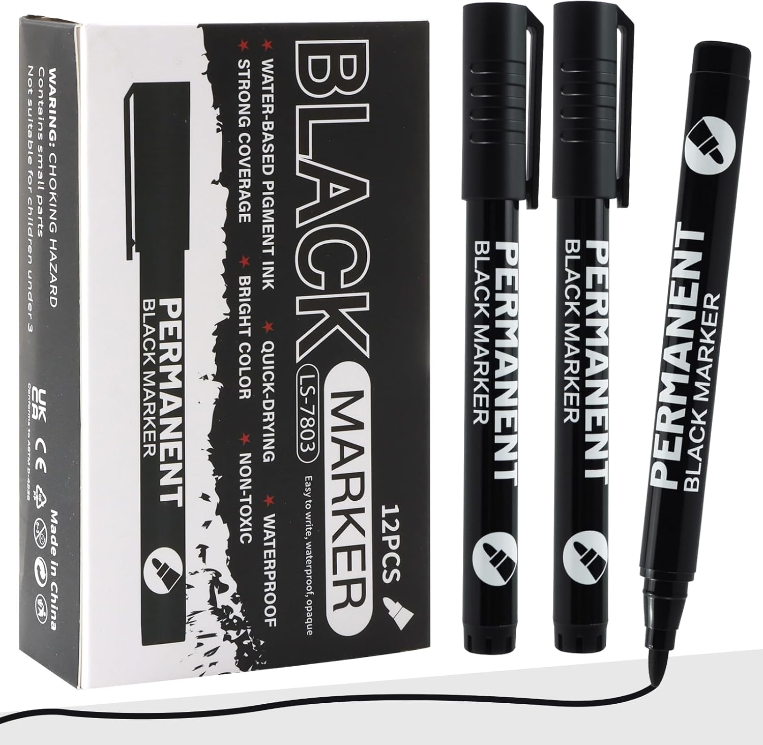 12 Pcs Black Permanent Marker Pen, Acrylic Gel Painting Pen for Glass Stone Rock Ceramic Wood Tire Fabric Metal Carton Mobile Phone Case, Water Based Waterproof Quick-Drying Strong-Coverage image number 6