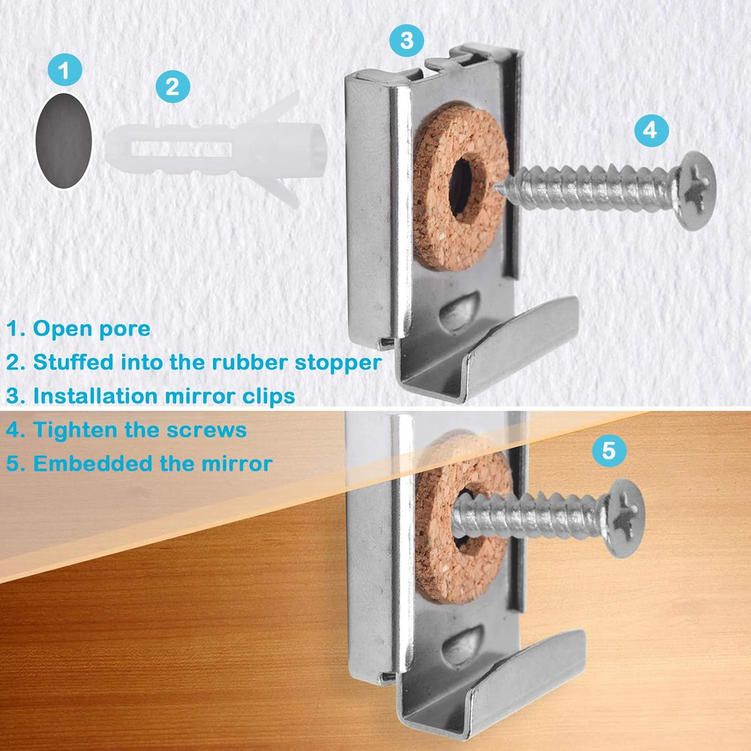 YUENTOEN Mirror Hanger Clips Set, 2 Sets (8 Pieces) Metal Spring Loaded Mirror Hanger Clips with Plugs and Screws image number 3