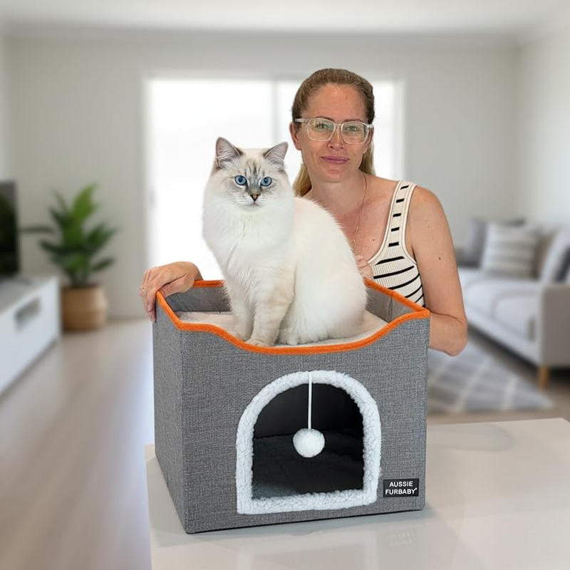 AUSSIE FURBABY Cat Bed &ndash; Indoor Cave House & Condo Hideout for Cats and Kittens. Soft Washable Pet Bed with Scratcher and Toy Ball &ndash; Foldable Design image number 4