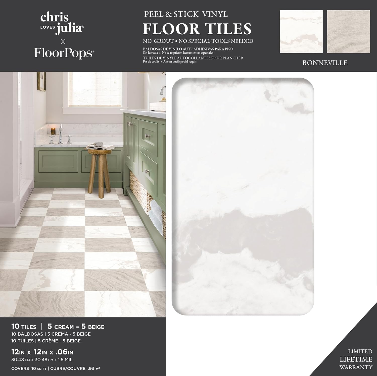 Chris Loves Julia FP5061 Bonneville Peel and Stick Floor Tiles, Neutral image number 3