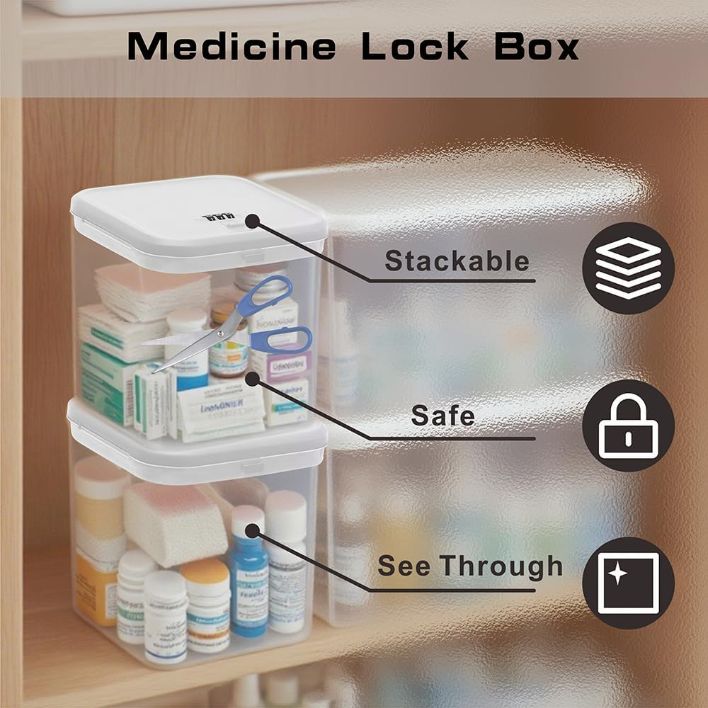 Lockable Storage Box,Medicine Lock Box Travel Case,Refrigerator Bin Container for Food,Medicines,Snacks,Locking Mobile Cell Phone Smart Device Jail,Small Lockbox for Office,Home,School (White)